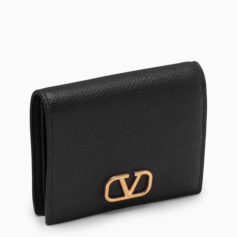 Compact Vlogo Signature Grainy Calfskin Wallet for Woman in Black