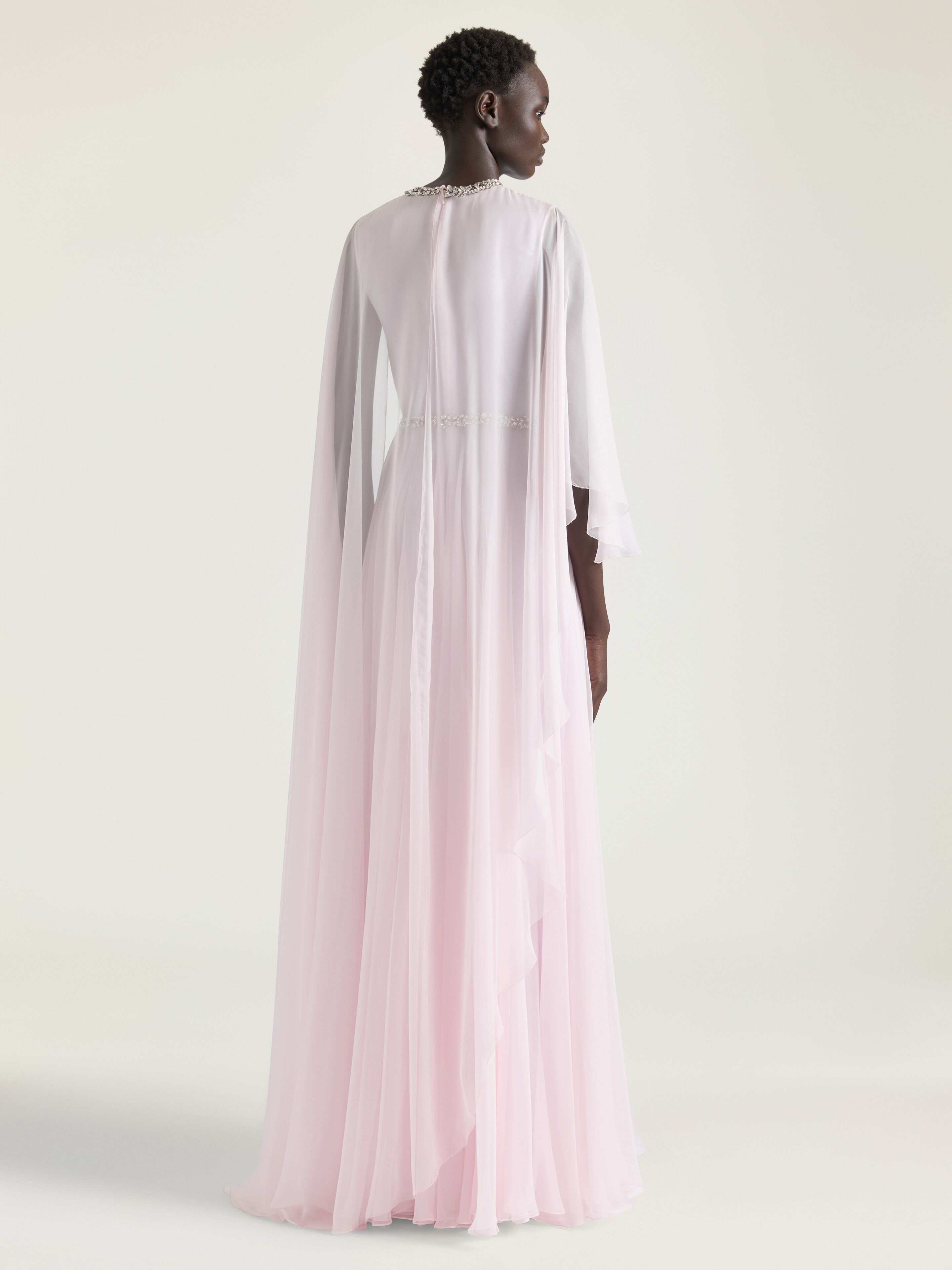DRAPED EVENING DRESS IN CHIFFON WITH CRYSTALS AND CAPE - 4