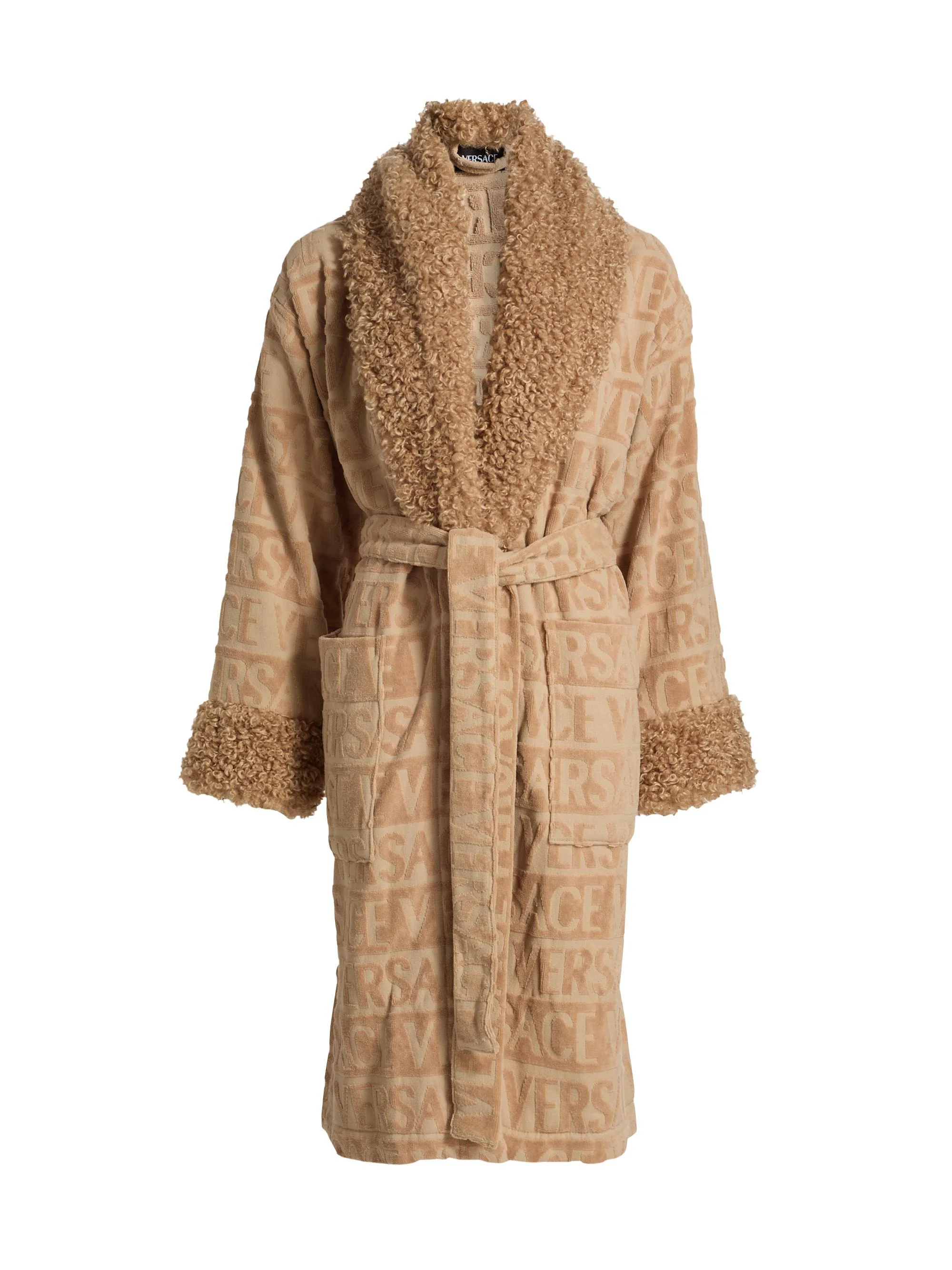 Women's Faux Fur-Trim Logo Terry Bathrobe - Camel - 1