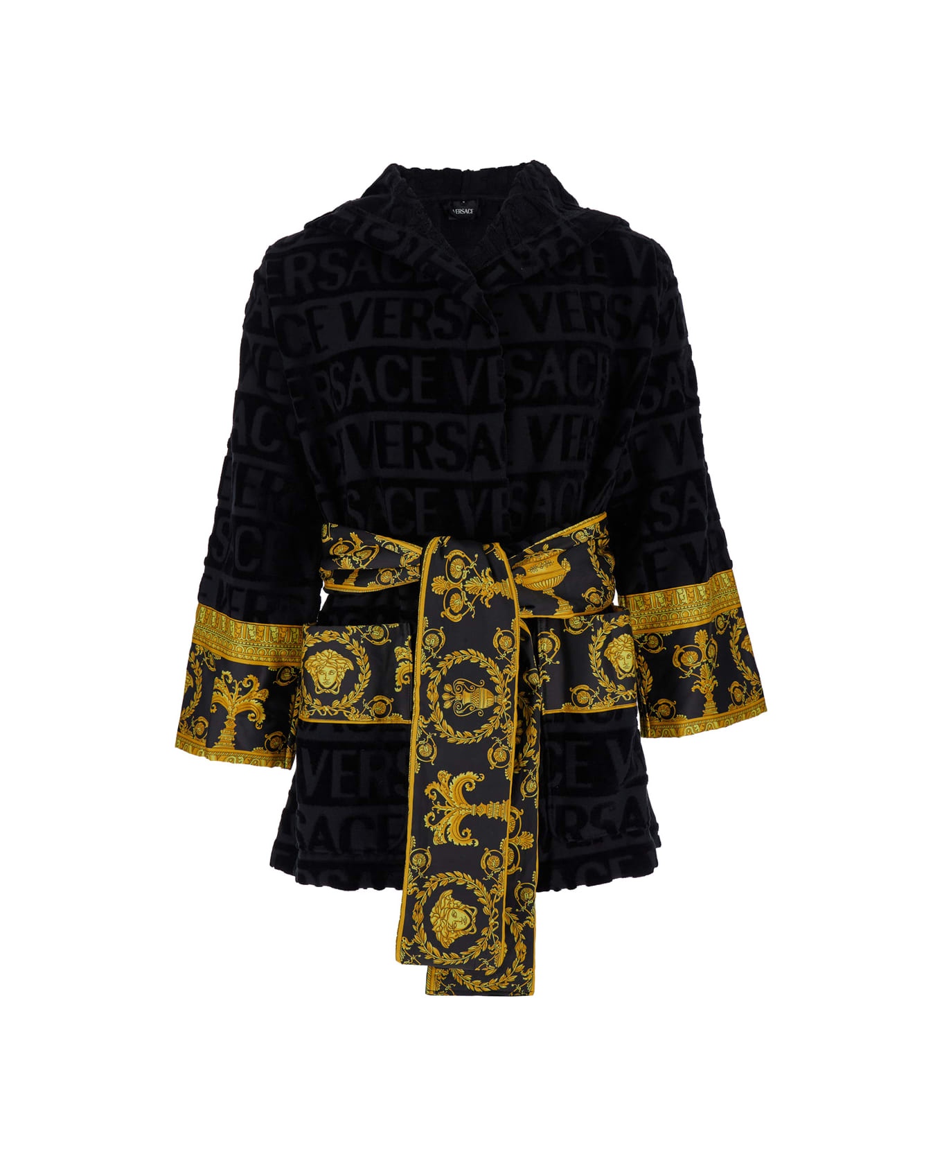 VERSACE Black Terry Cotton Bathrobe With Baroque Pattern italist
