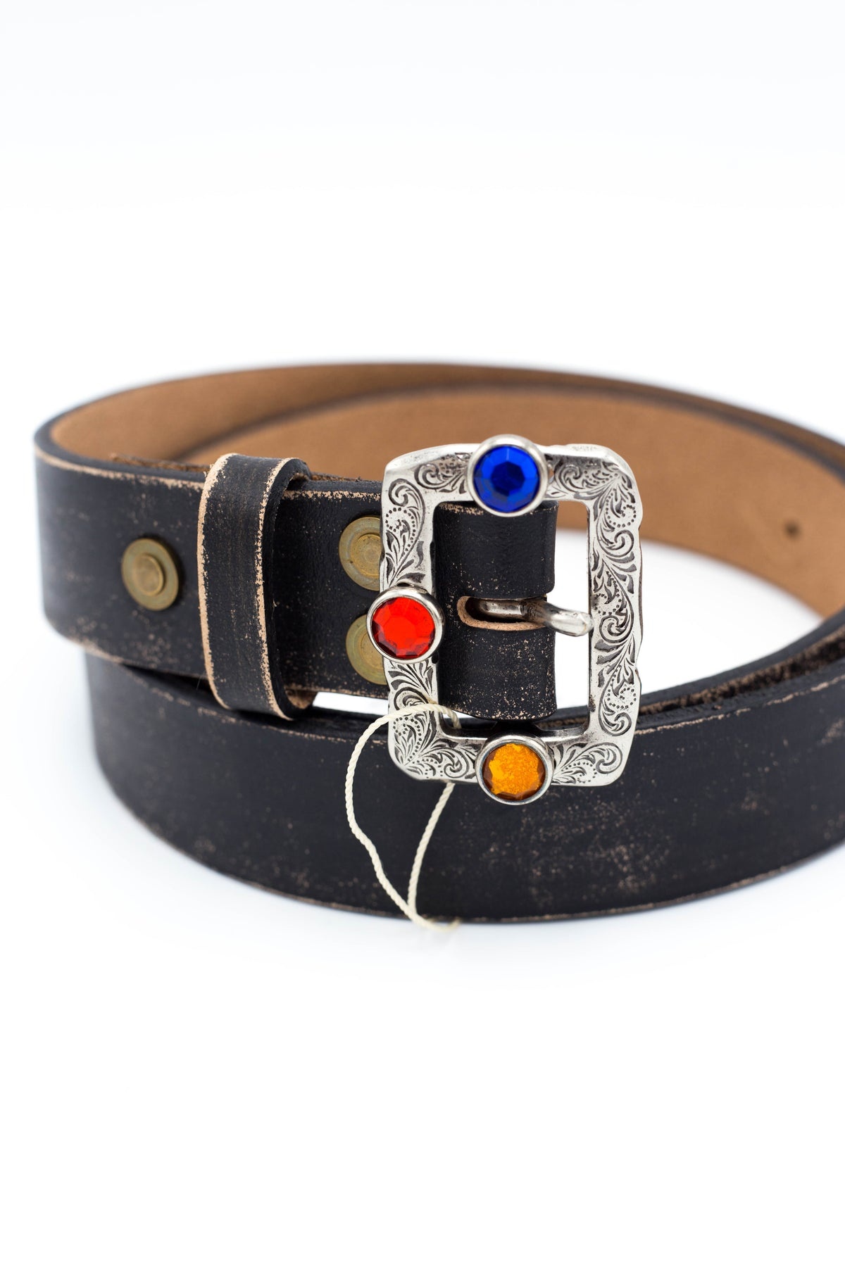 Oil Leather Studs DISCO Buckle Belt - Brown - 2