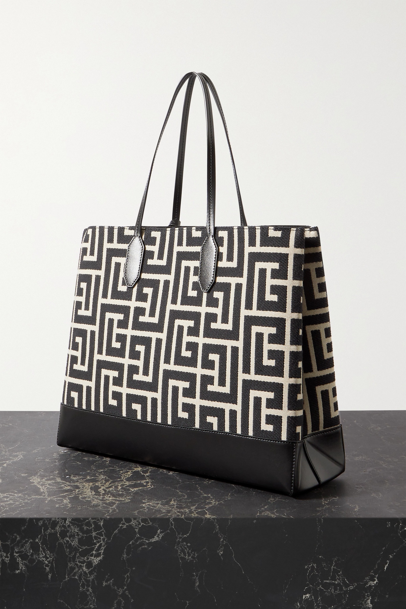 Leather-trimmed canvas-jacquard tote - 3