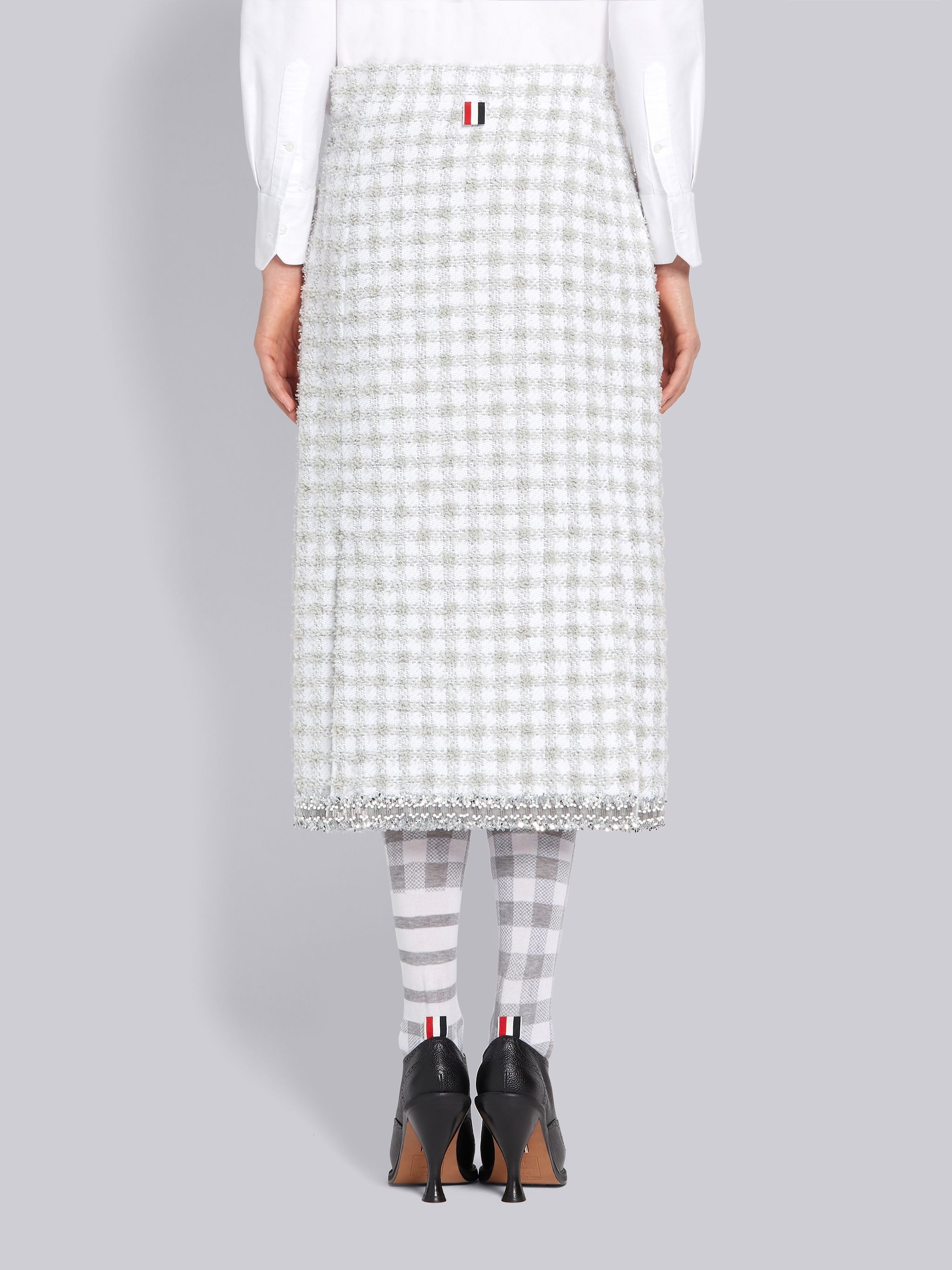 Light Grey Cotton Gingham Eyelash Tweed Below Knee Pencil Skirt - 3