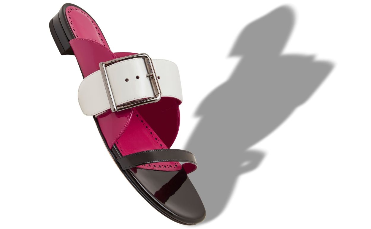 Black and Pink Patent Leather Flat Sandals - 2