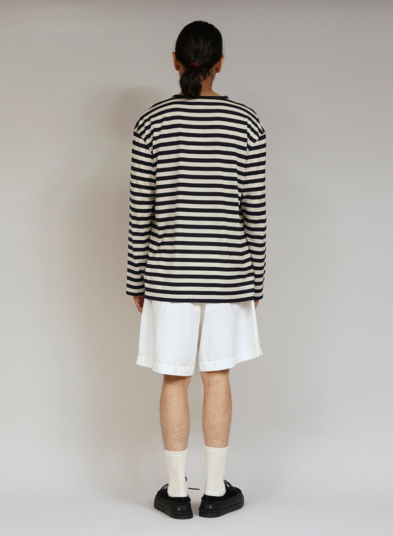 Nigel Cabourn x Sunspel Long Sleeve Pocket T-Shirt in Navy/Stone Stripe 4