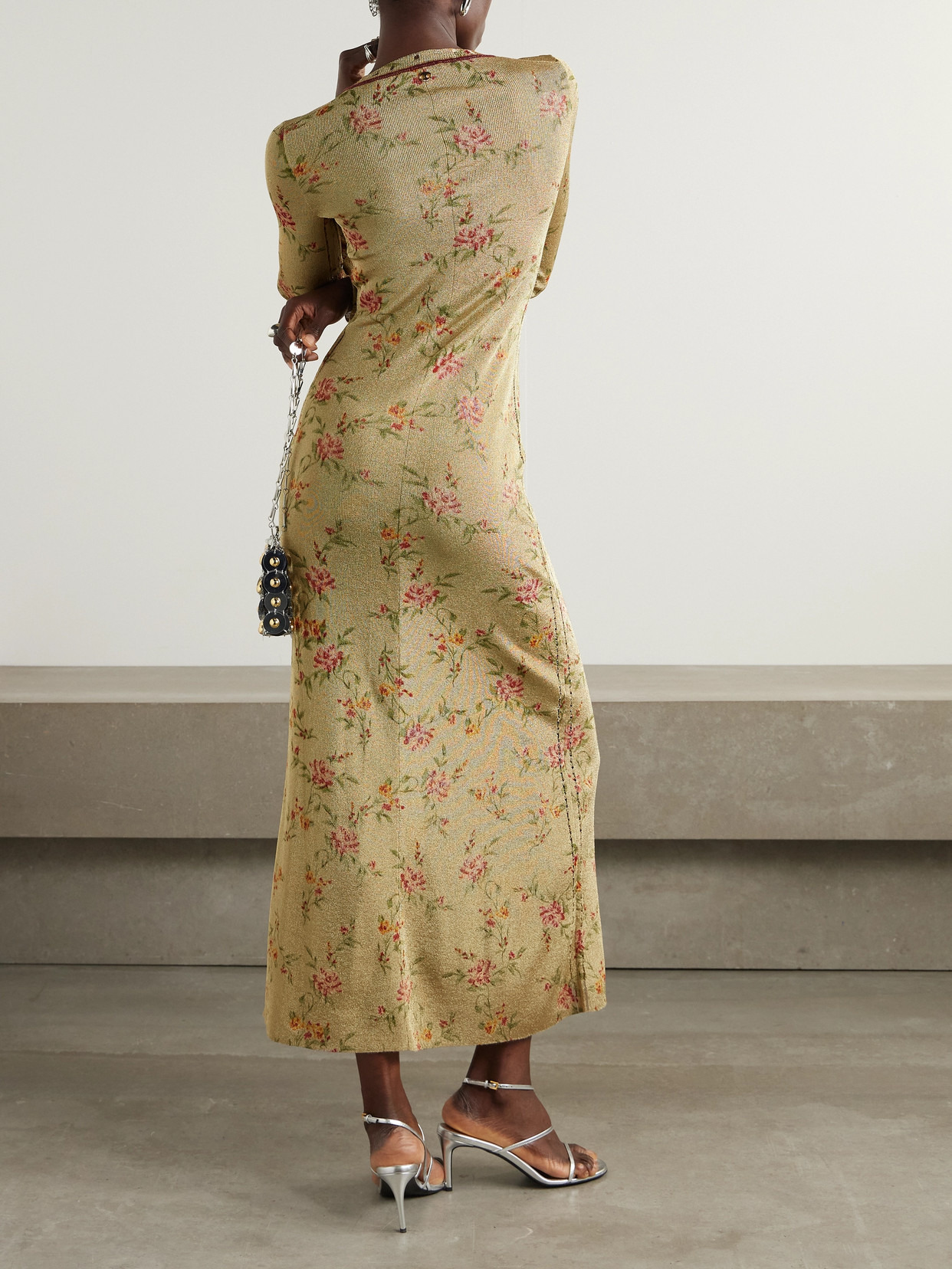 Distressed Floral-print Metallic Knitted Maxi Dress - 3