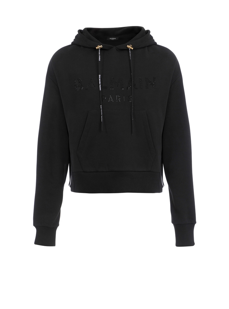 Cropped eco-designed cotton sweatshirt with rhinestone Balmain logo 1