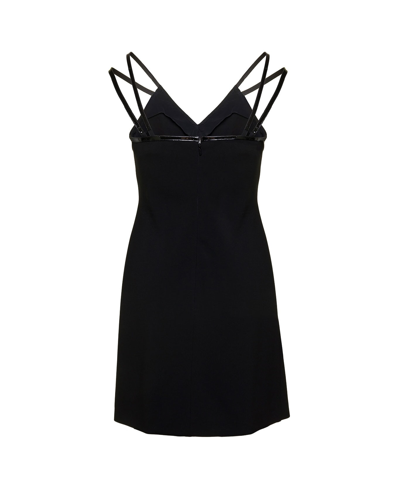 Mini Black Dress With Black Leather Trim And Double Strap In Stretch Viscose Woman - 2