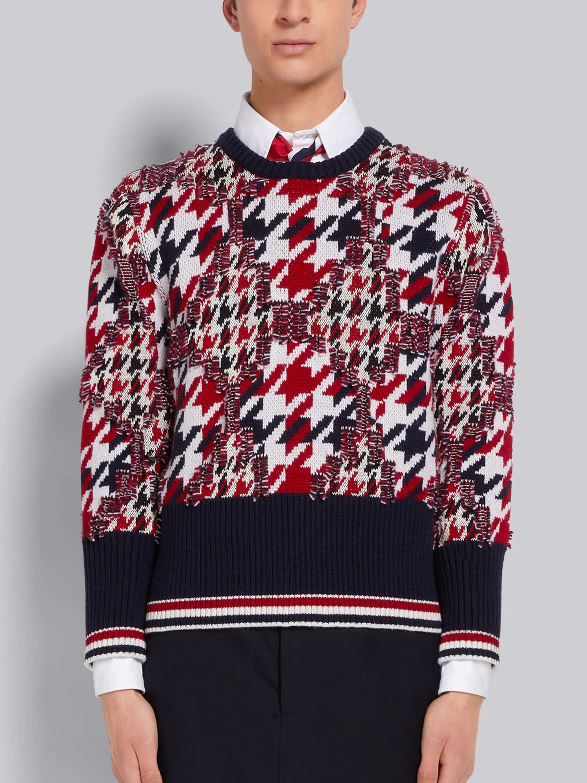 Multicolor Frayed Houndstooth Jacquard Tipping Stripe Pullover - 1