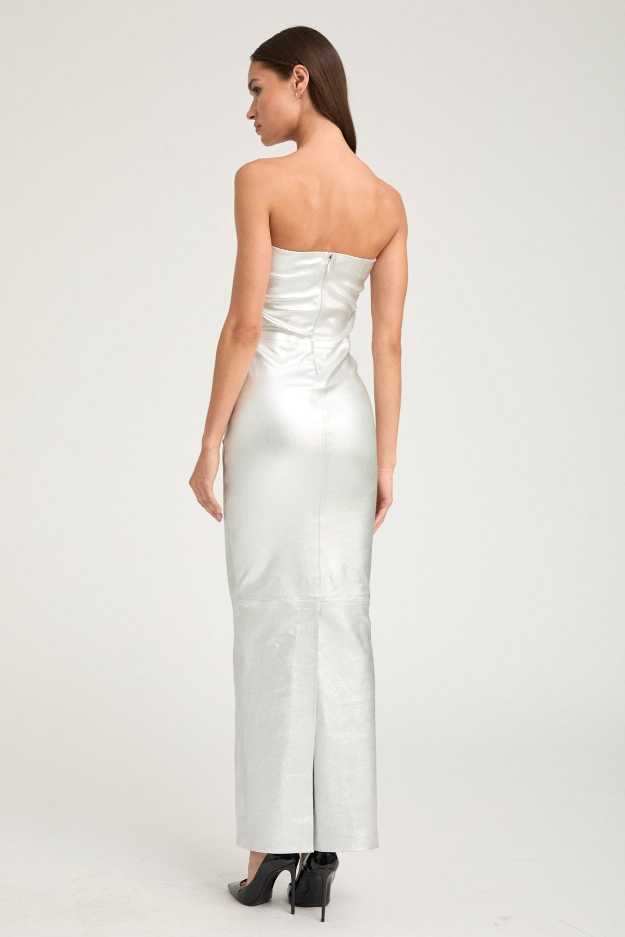 METALLIC SILVER LEATHER GOWN - 4