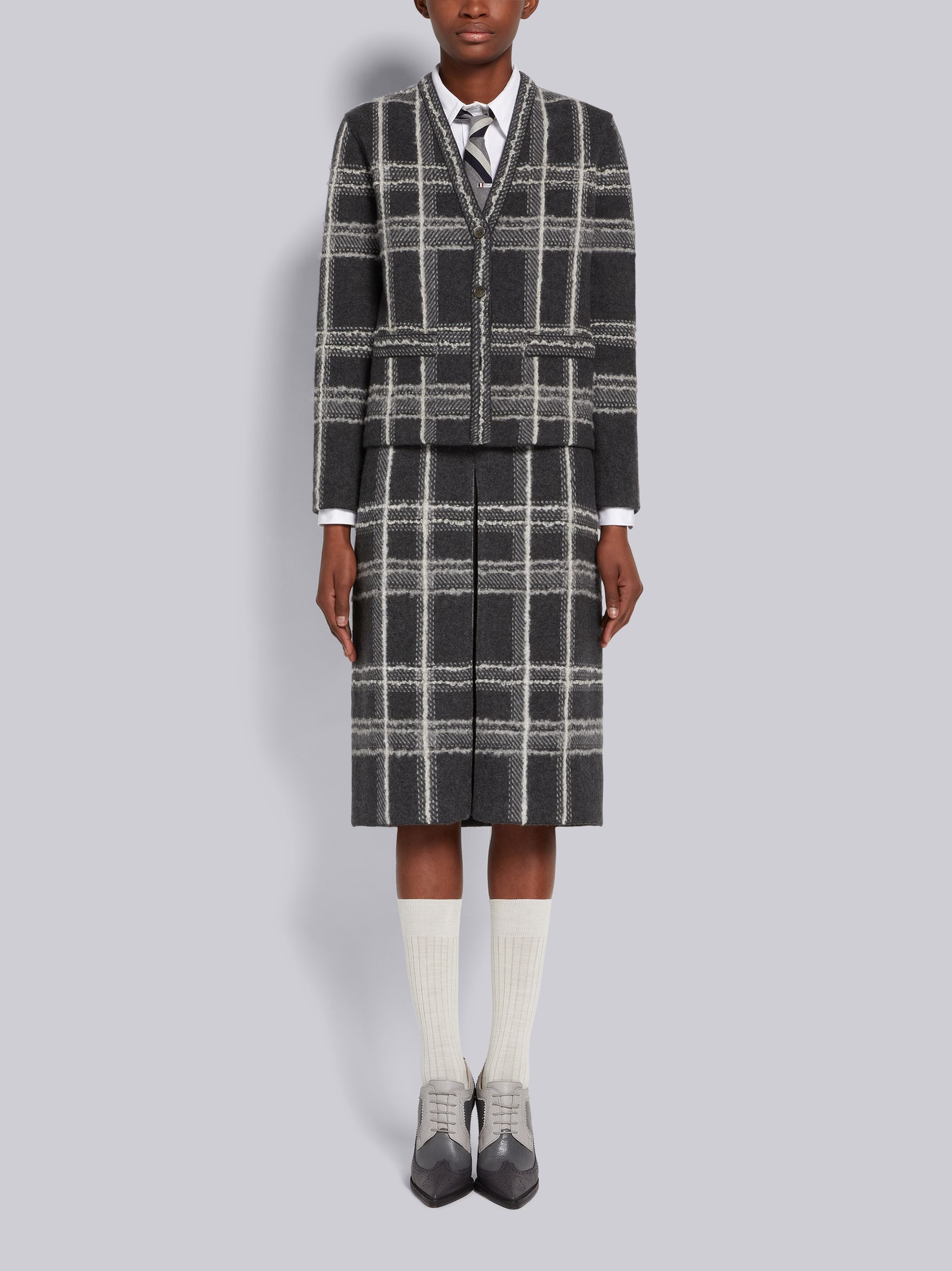 Dark Grey Hairline Madras Check Jacquard Boiled Wool Box Pleat Inlay Below-the-Knee Skirt - 4