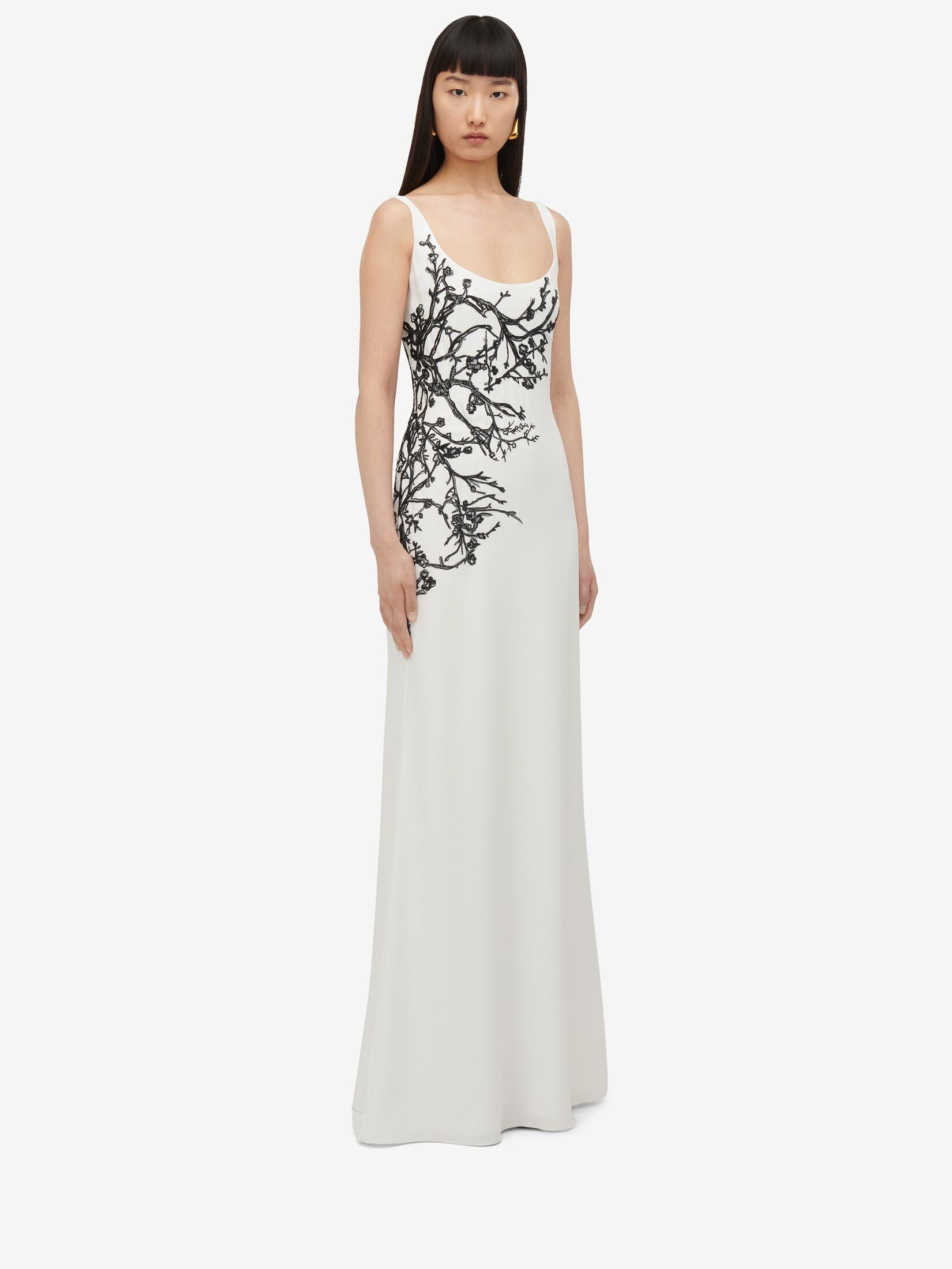 Women's Cherry Branches Embroidered Evening Dress in Light Ivory - 3