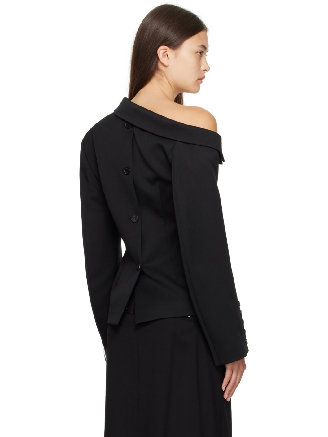 Black Asymmetric Collar Blazer - 3