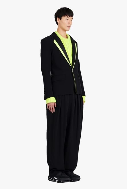 Black satin blazer with neon yellow collar - 7