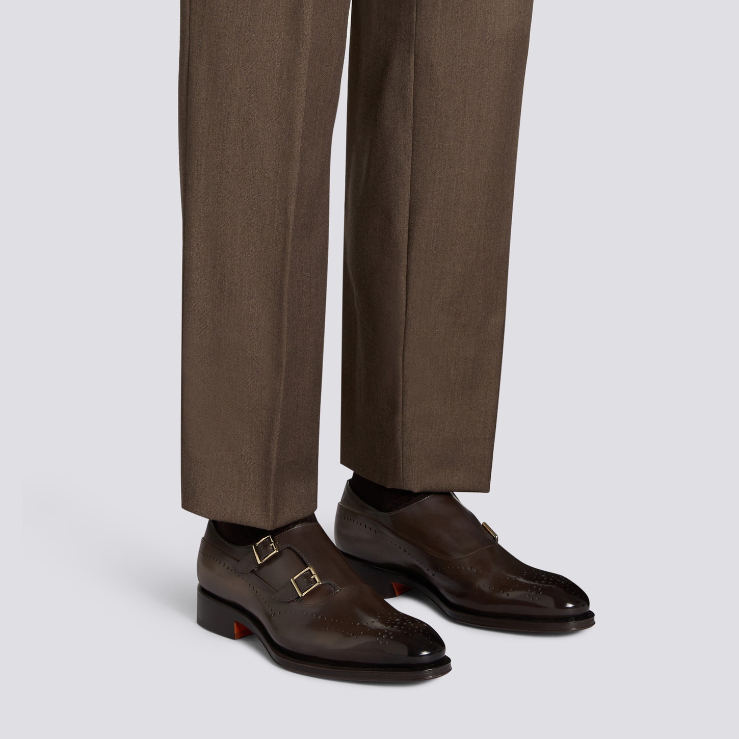 Men's brown leather double-buckle brogue shoe - 2
