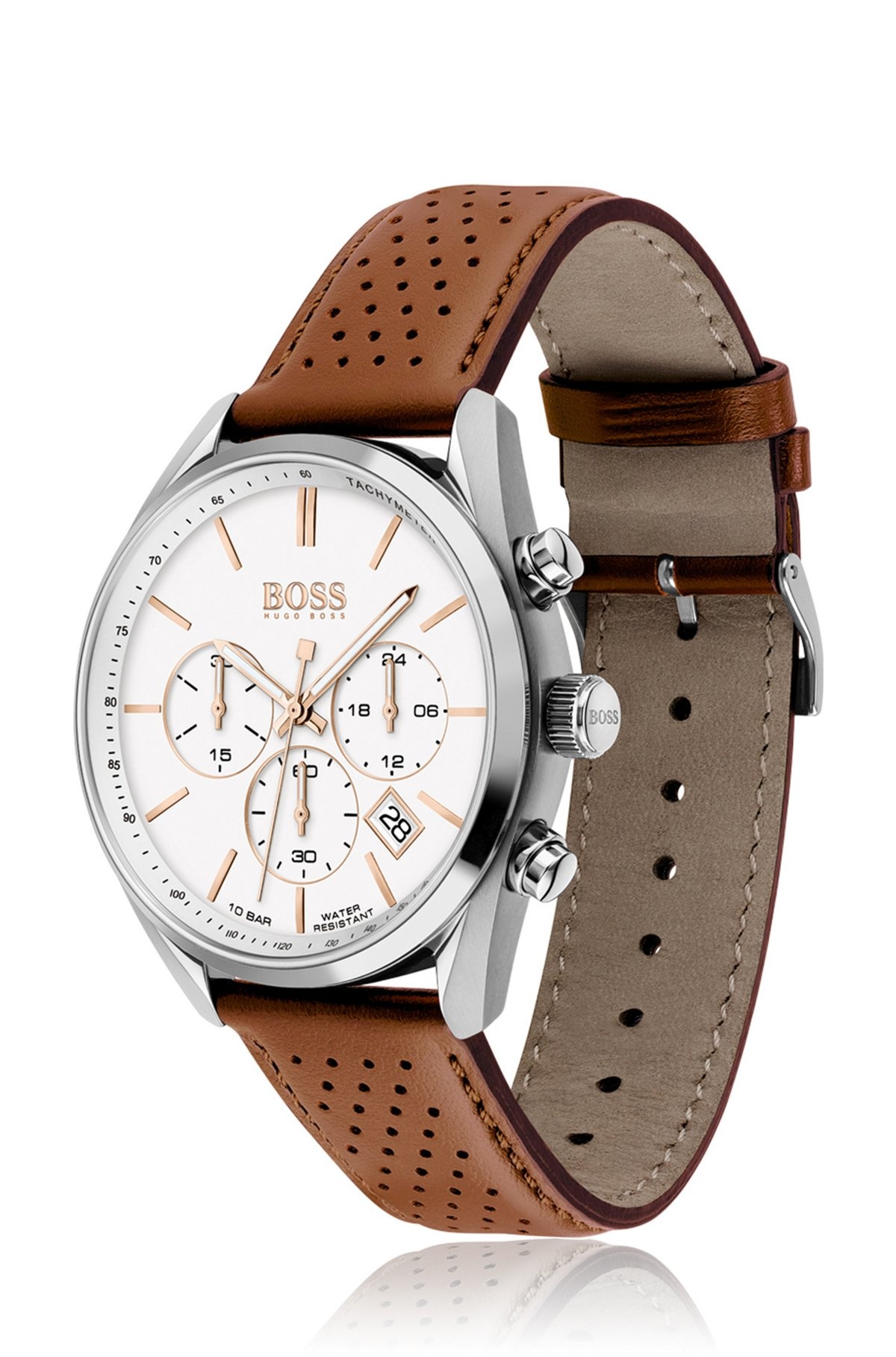 WHITE-DIAL CHRONOGRAPH WATCH WITH PERFORATED LEATHER STRAP - 2