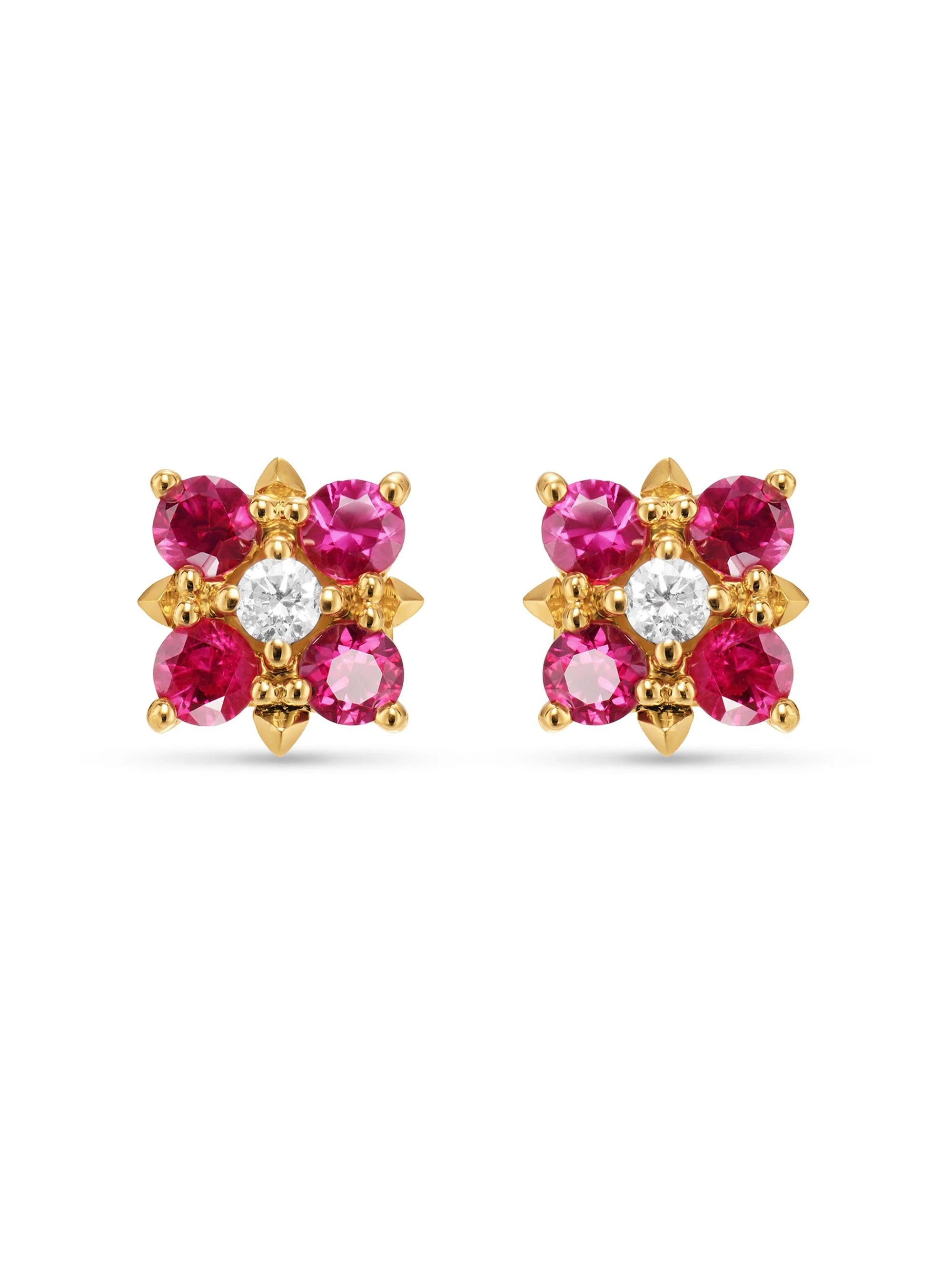 Women's Petite Modern Renaissance Color Stud Earrings in 18K Yellow Gold - Ruby - 1