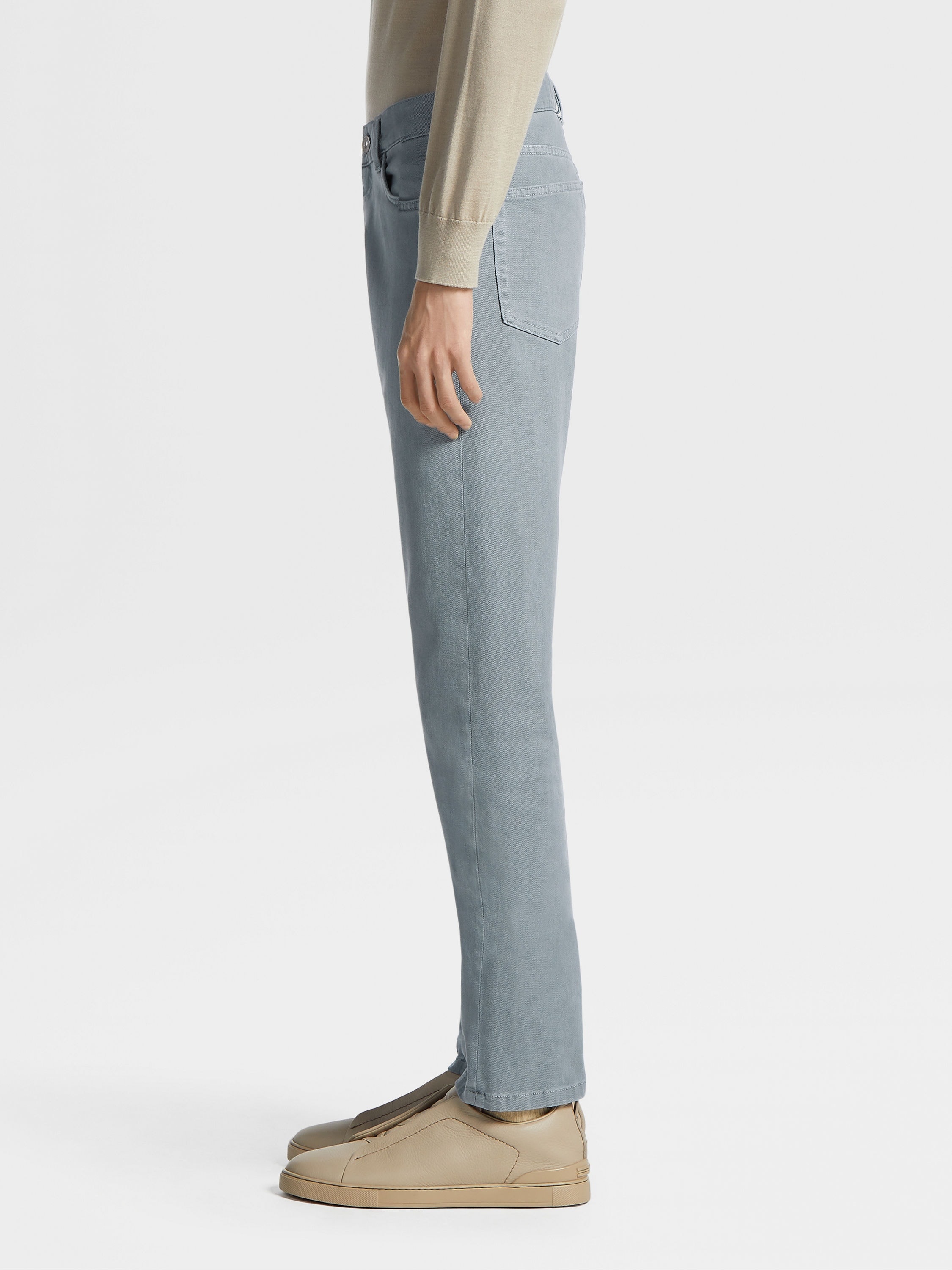 LIGHT BLUE STRETCH COTTON ROCCIA PANTS - 4