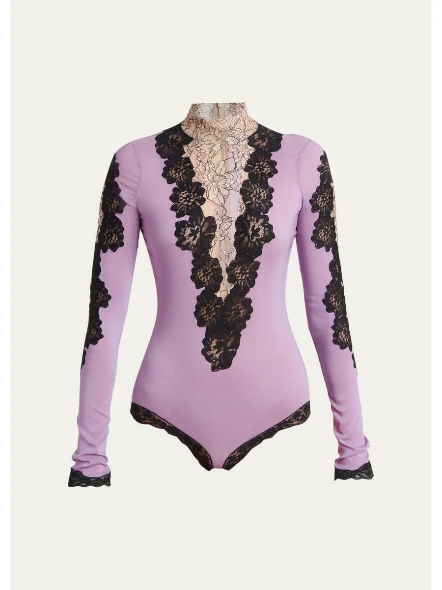 Lace & Jersey Turtleneck Bodysuit - 1