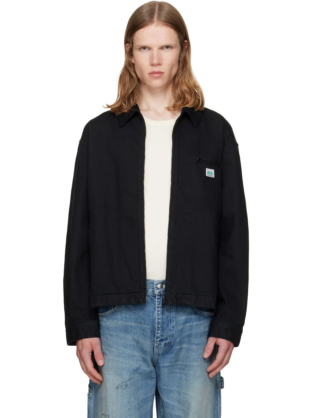 Black Cord Collared Zip-Up Denim Jacket - 1