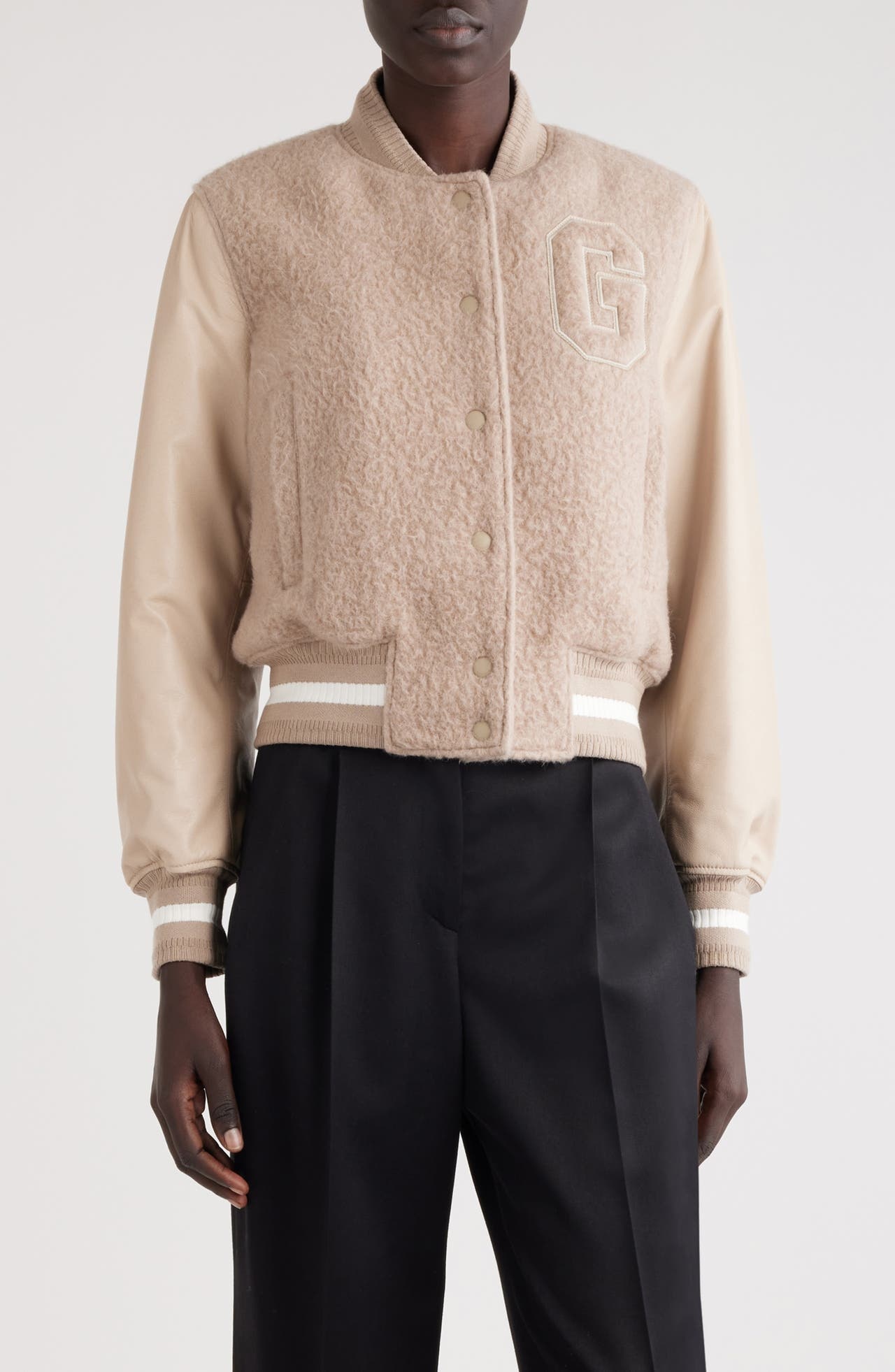 Givenchy Alpaca Blend & Leather Varsity Jacket in Pumice Beige at Nordstrom - 1