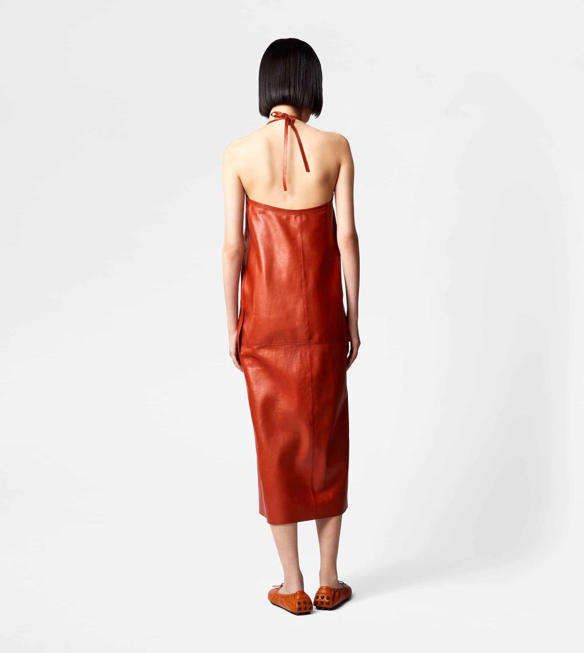 DRESS IN LEATHER WITH HALTERNECK COLLAR - BROWN - 3