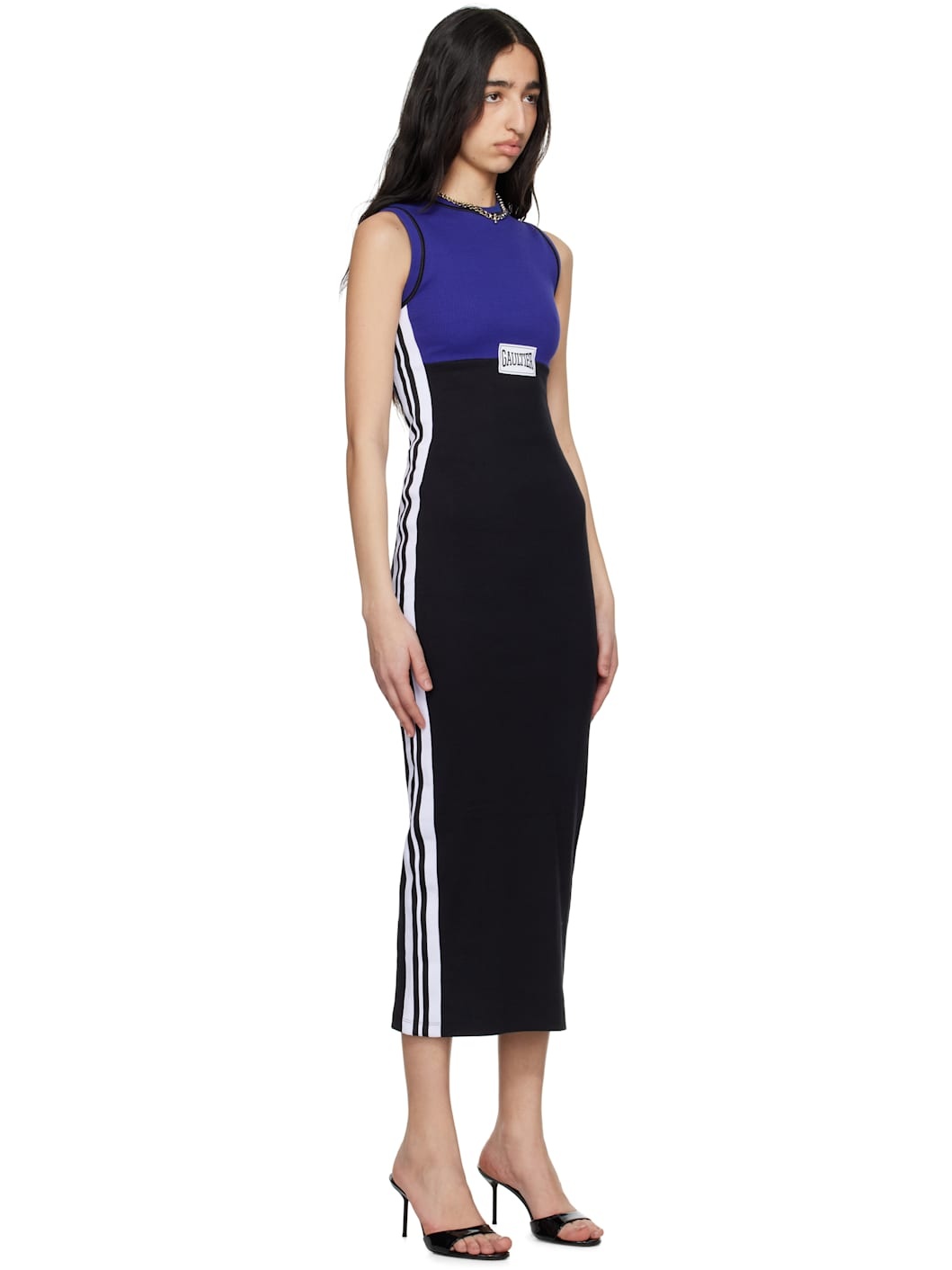 Navy & Black Cotton Ribbed Midi Dress - 2