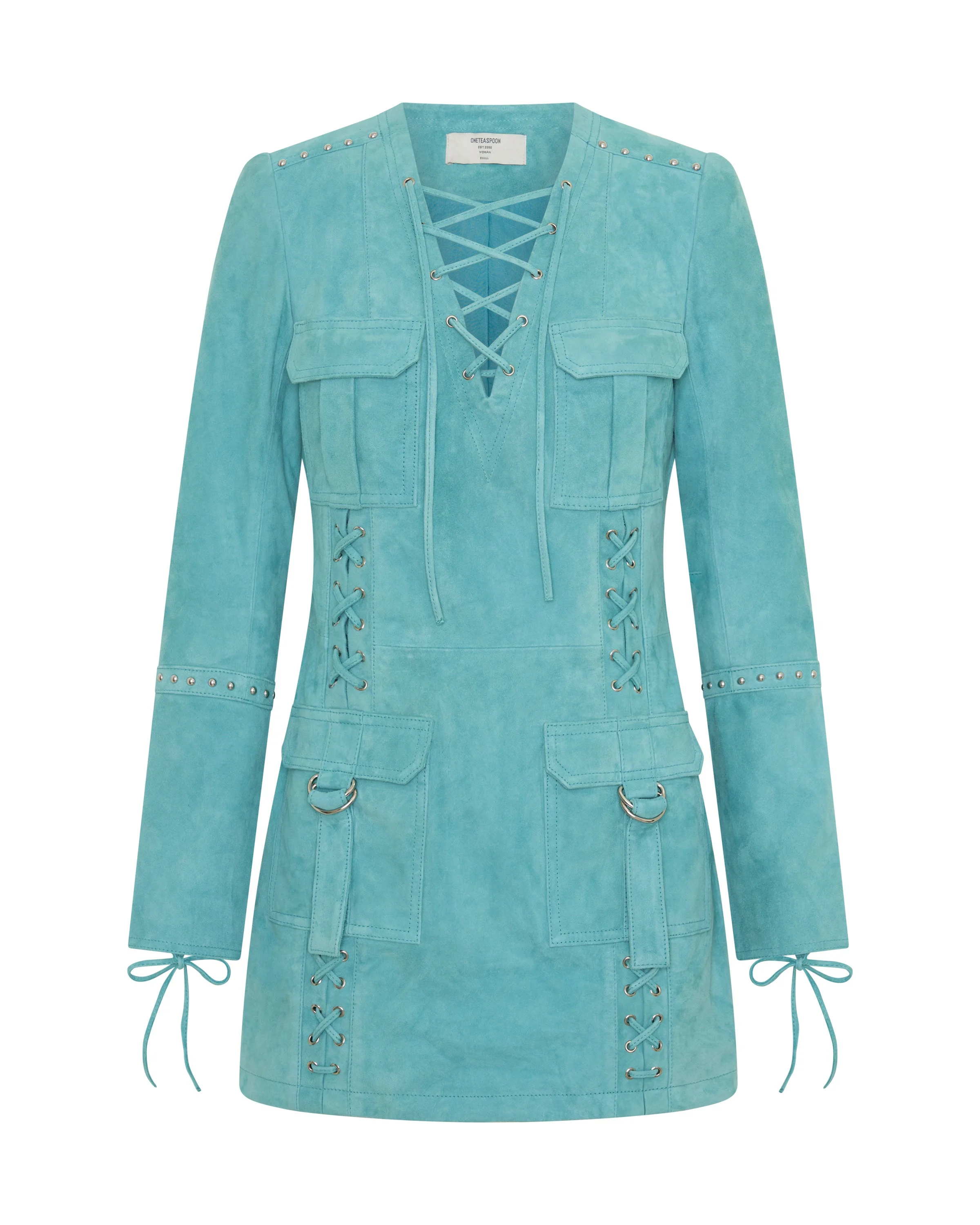 Cross My Heart Suede Longsleeve Laced Mini Dress - Mint Green - 1