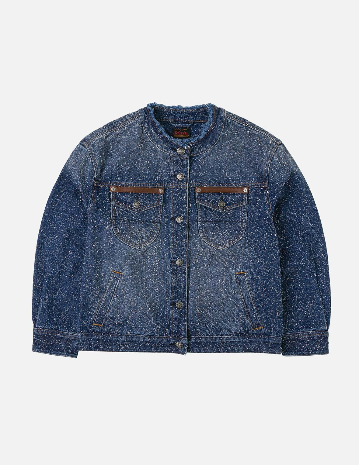 Leather Trim Fashion Fit Collarless Denim Jacket - 3