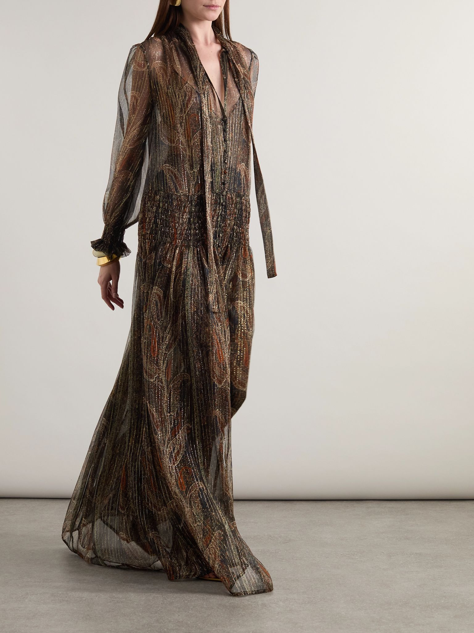 Smocked metallic paisley-print silk-blend chiffon maxi dress Multi - 3