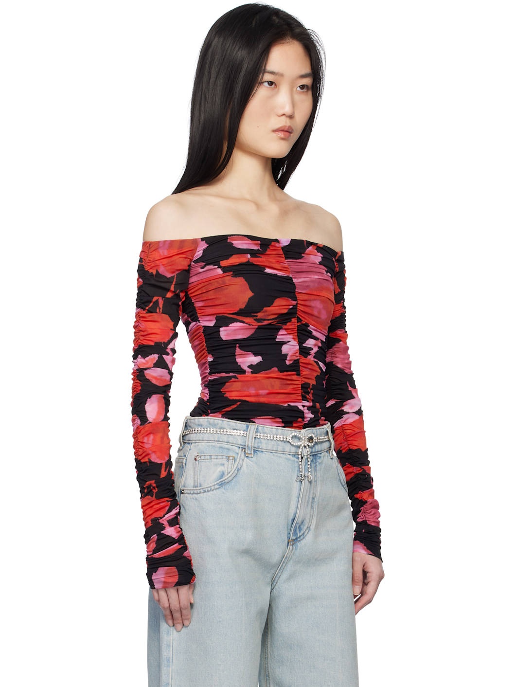 Black & Red Printed Jersey Draped Top - 2