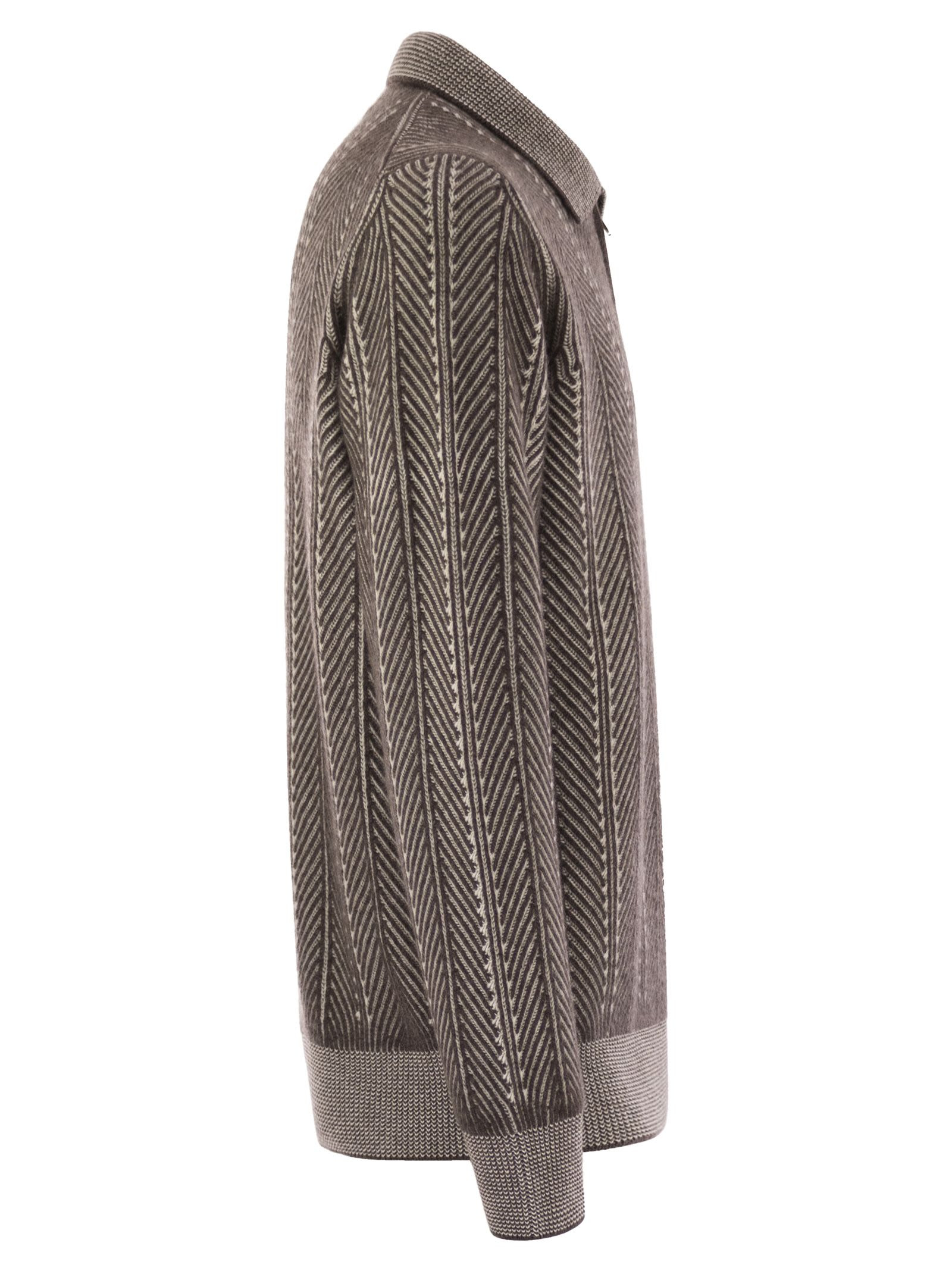 Brunello Cucinelli Men Vanisé Chevron Cashmere Sweater With Polo Neck And Zip Opening - 3