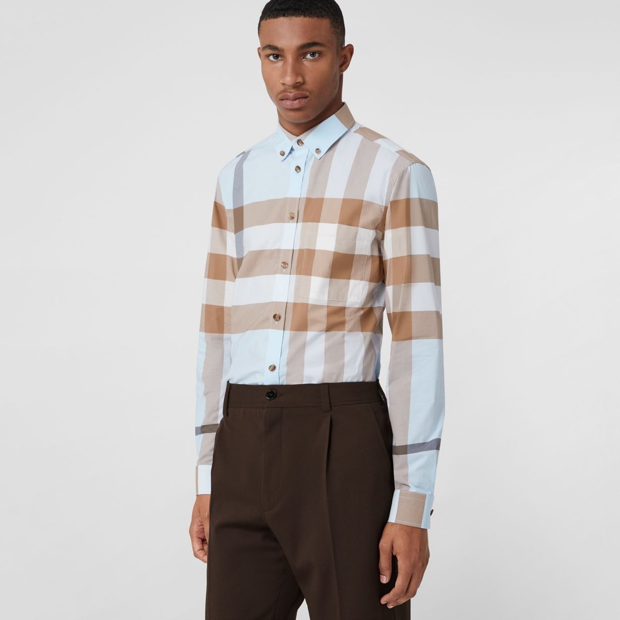 Slim Fit Check Stretch Cotton Poplin Shirt - 6