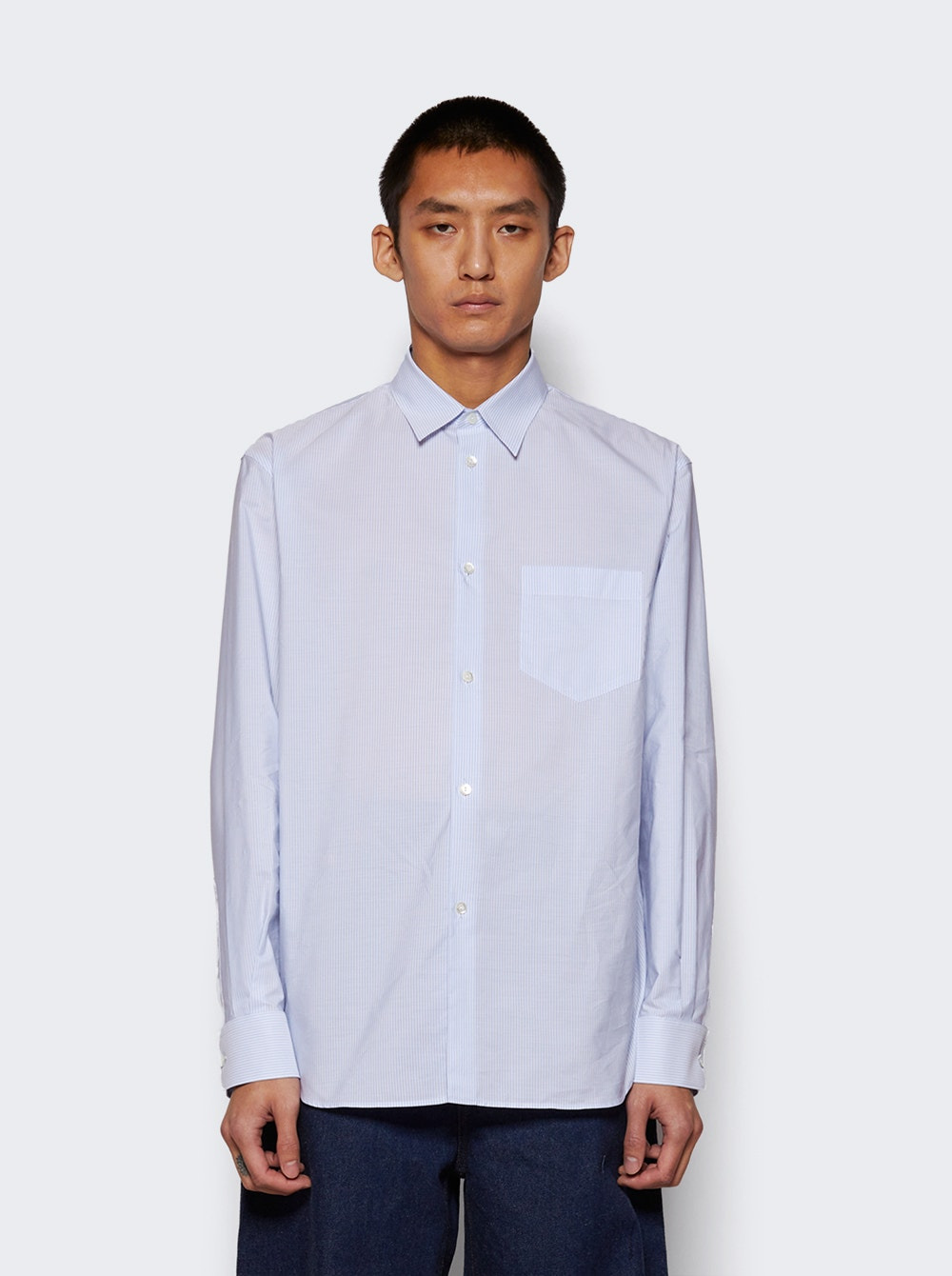Striped Popeline Shirt White And Azure - 3
