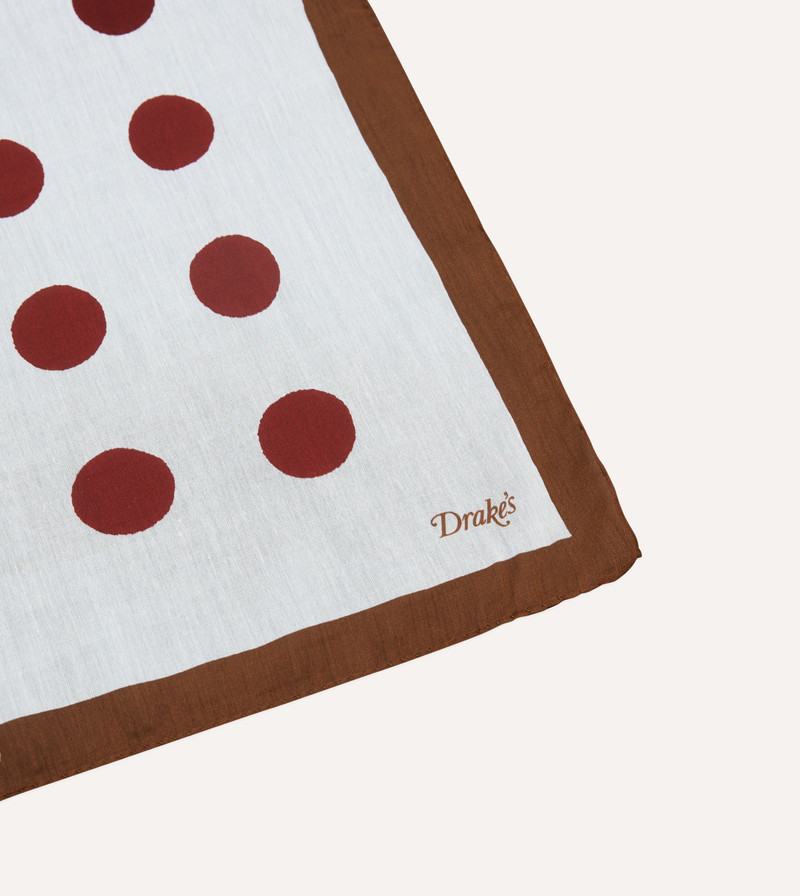 Brown, Ecru and Red Large Spots Print Cotton-Silk Pocket Square 3