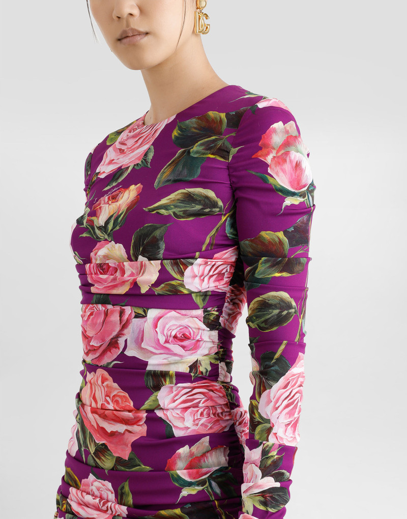 Charmeuse midi sheath dress with draping and rose print 5