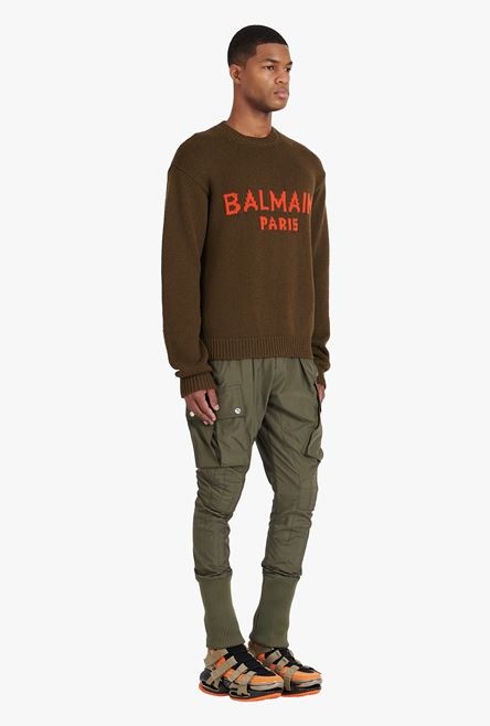 Khaki wool sweater with orange Balmain Paris logo - 7