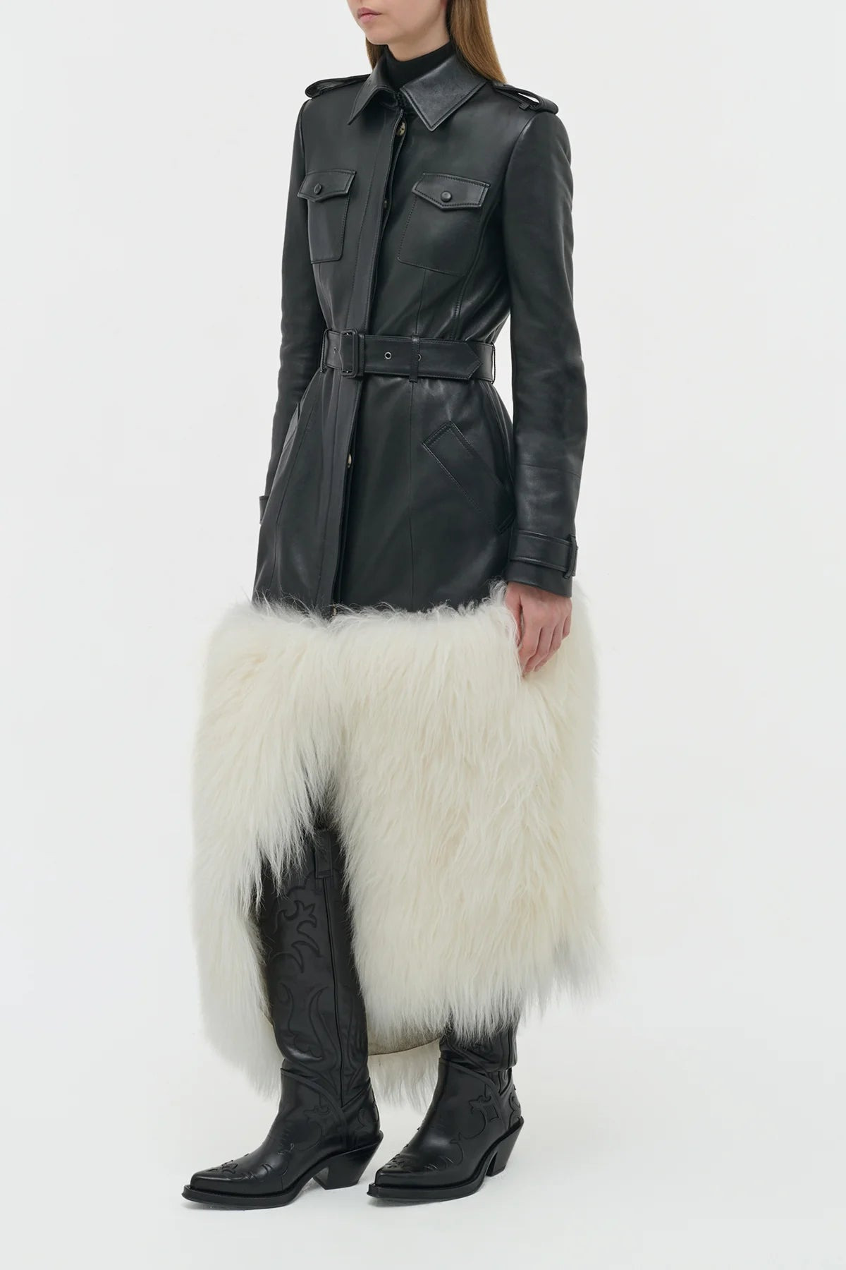 Isak Trench Coat in Black Soft Leather & Ivory Cashmere Shearling - 3