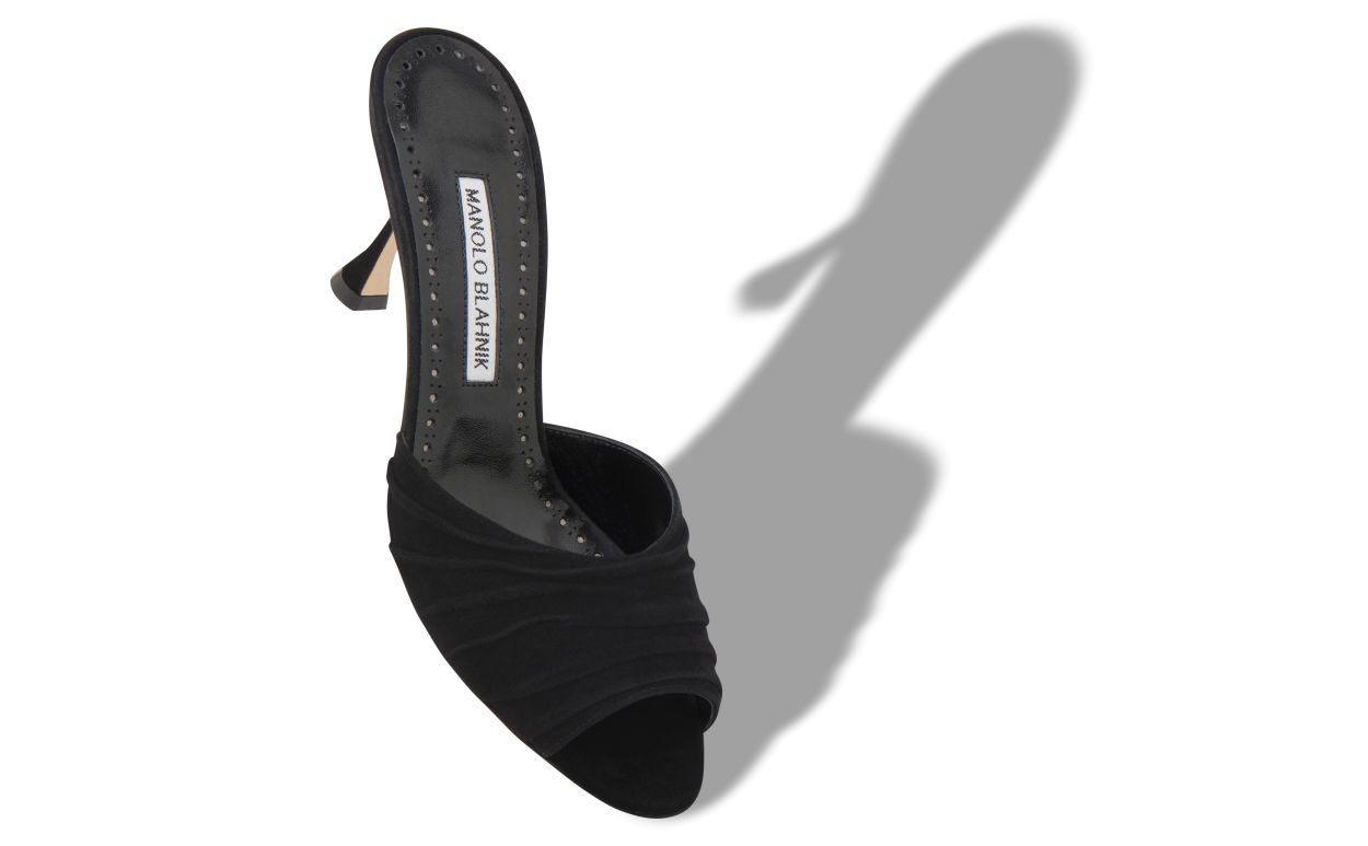 Black Suede Ruched Open Toe Mules - 2