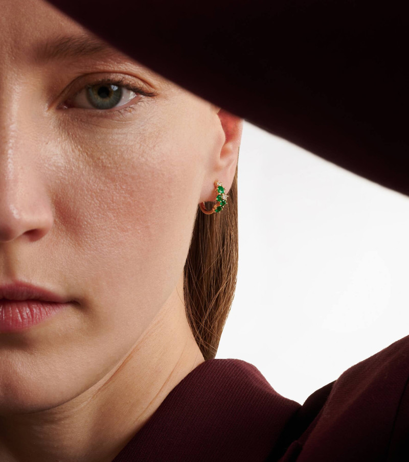 SYDNEY EVAN x Wicked Emerald City 14kt gold huggies with emeralds and diamonds outlook