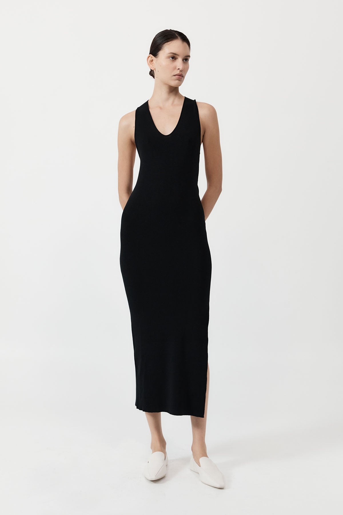 Plunge Neck Knit Dress - Black - 2