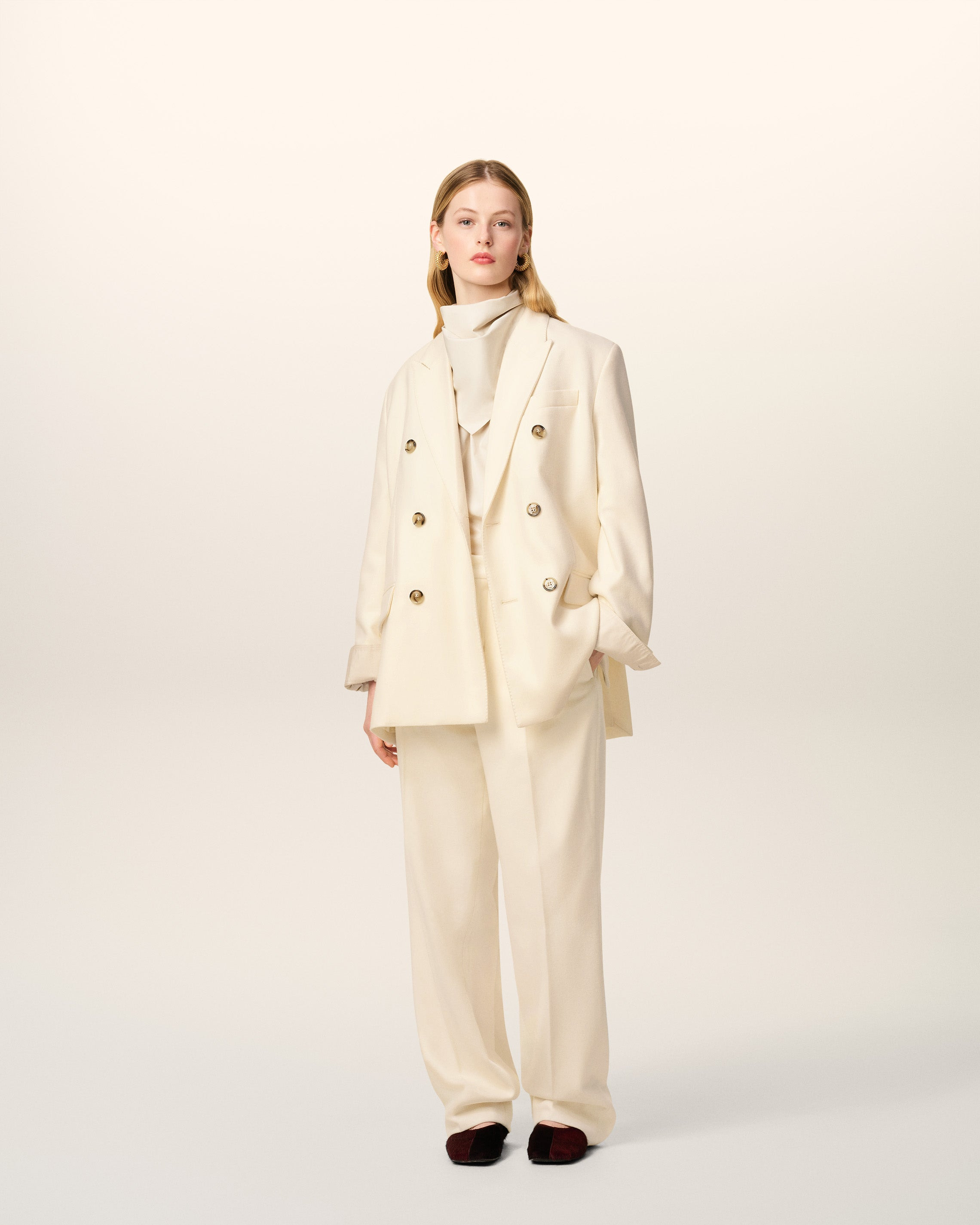 WHITE WOOL LOOSE DOUBLE BREASTED JACKET - 2