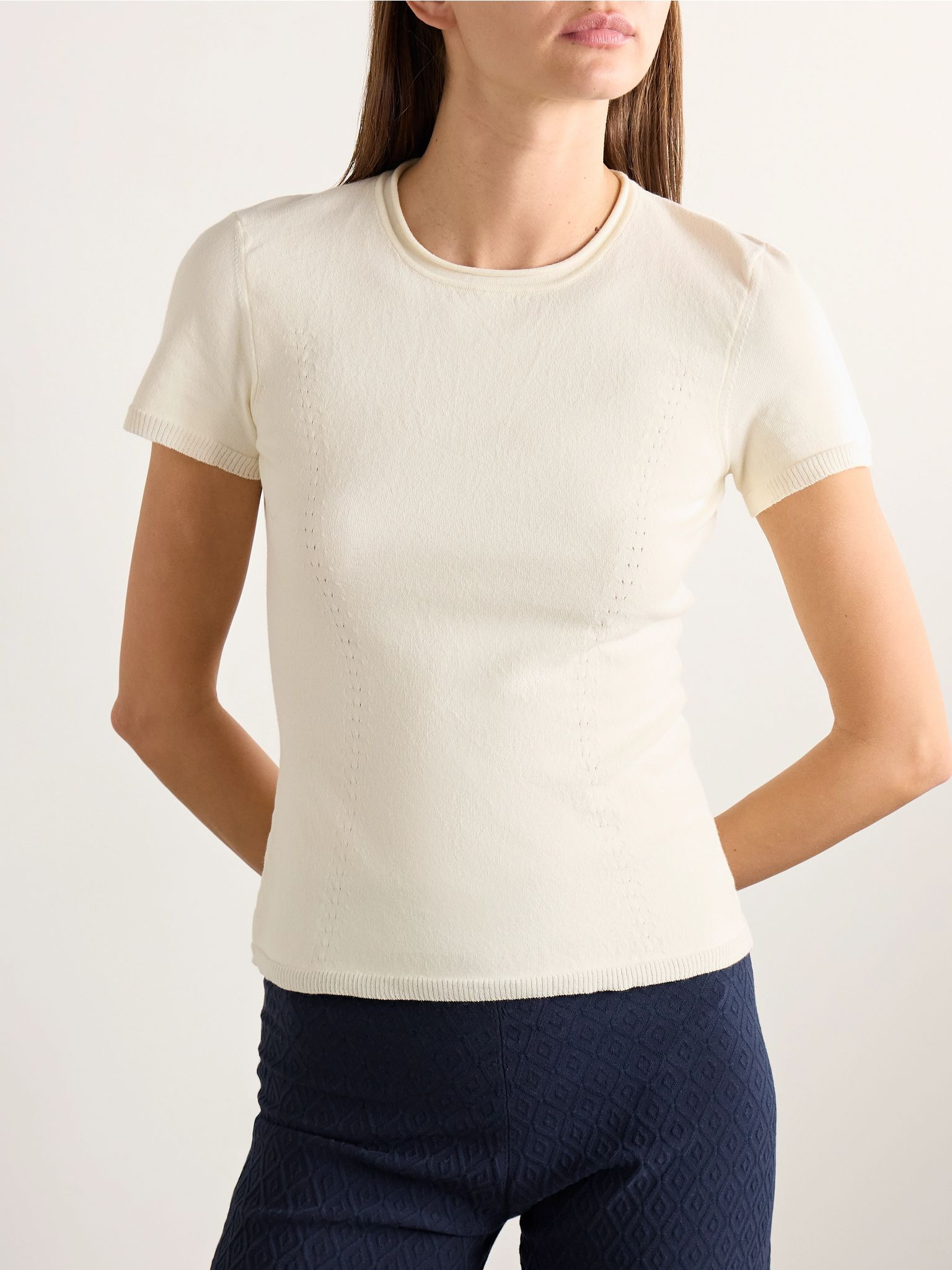 Nat cotton-blend jacquard-knit top Cream - 3