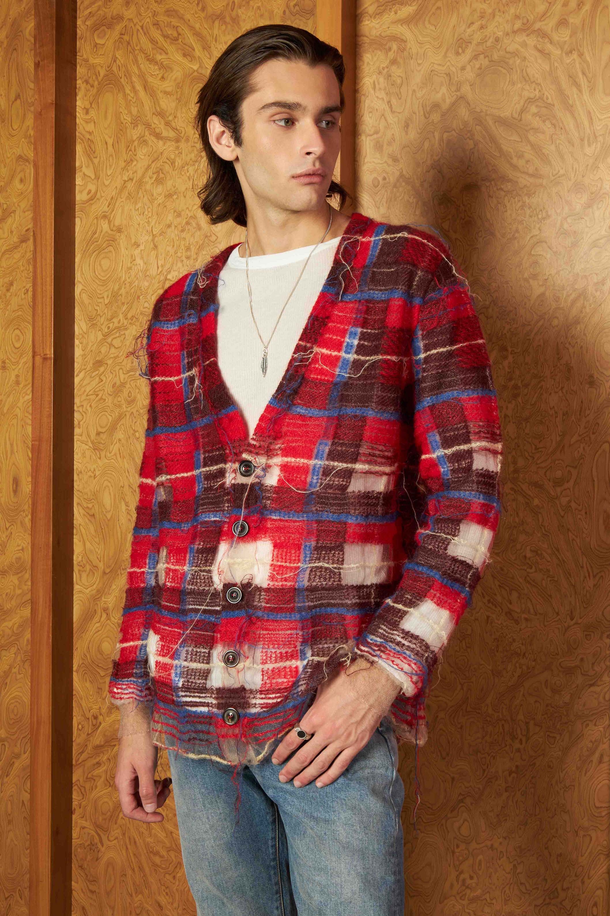 Distressed Plaid-Check Cardigan - 1