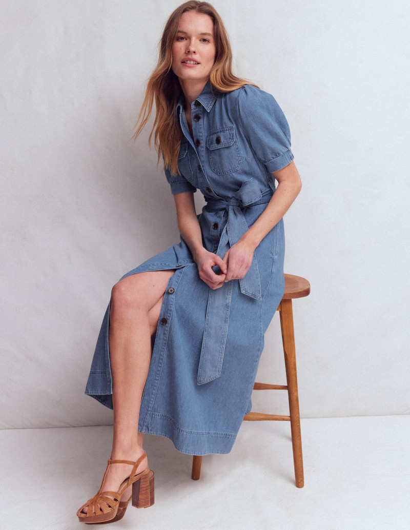 Puff Sleeve Denim Shirt Dress-Mid Vintage 6