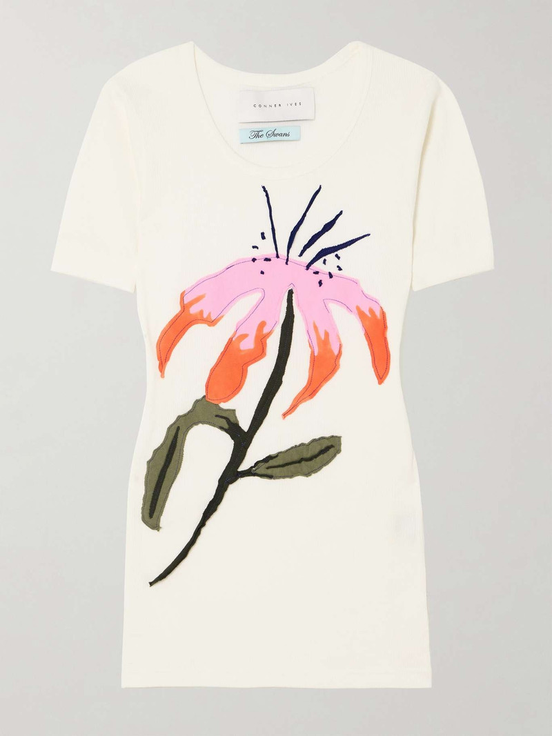 Floral-appliquéd 늑골 면 jersey 티셔츠 화이트 - 1