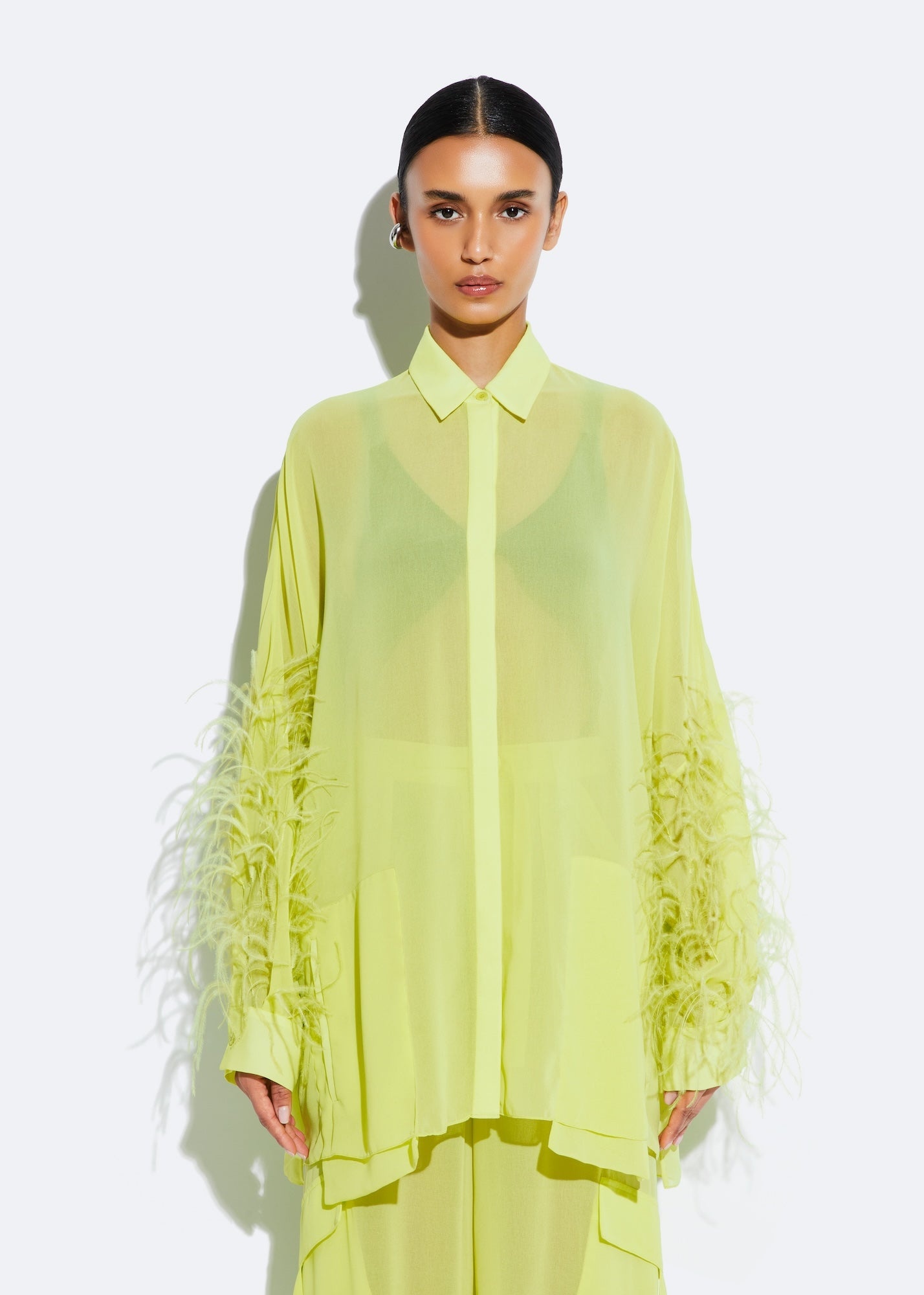 Georgette Oversized Shirt With Feathers - 2