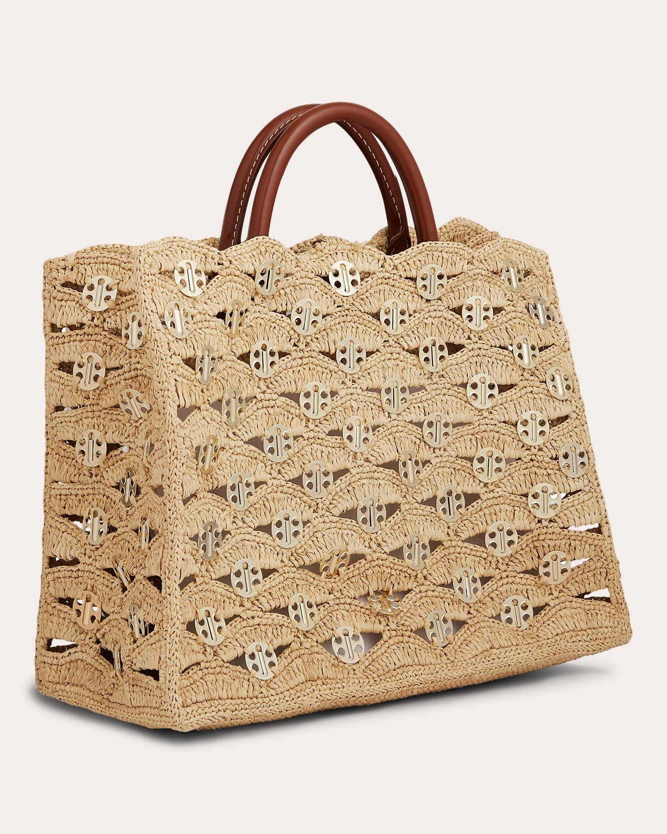 1969 Leather Trimmed Chainmail Embellished Raffia Tote - 2
