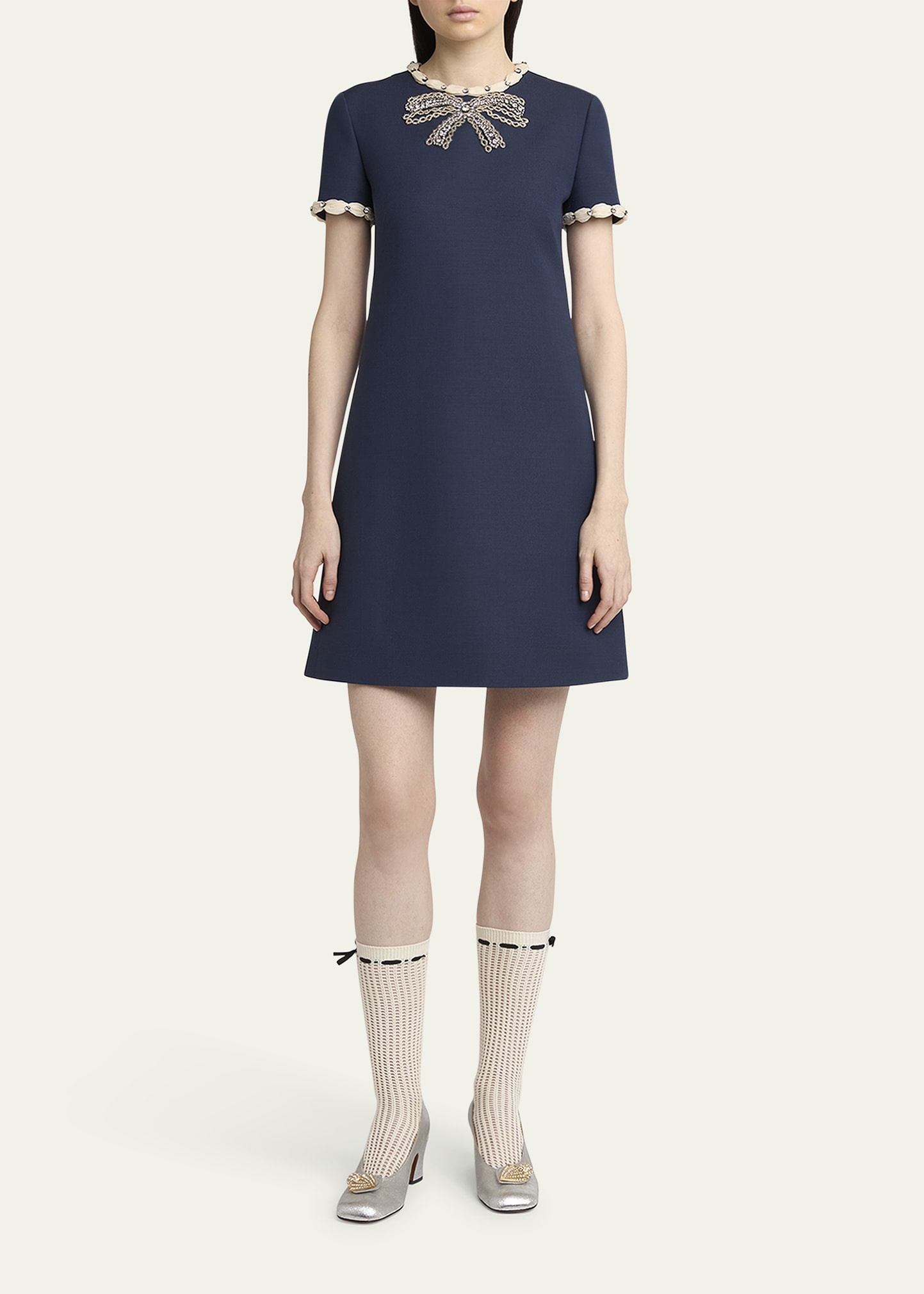 Puff-Trim Crystal Bow Mini Dress - 2
