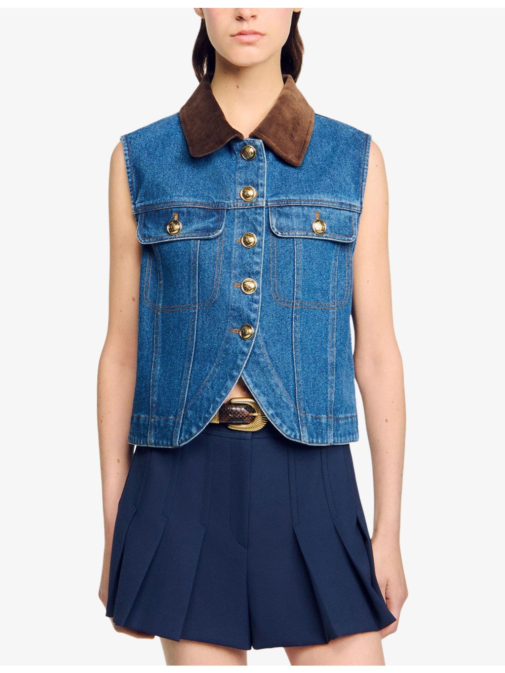 Contrast-Collar Button-Down Sleeveless Denim Jacket - 3
